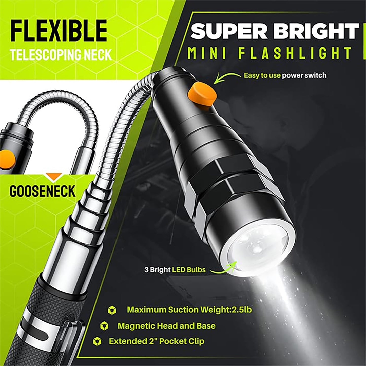 Telescoping Magnetic Pickup Tool Set, Inspection Mirror Telescoping, LED Flashlight, Cool Gadgets for Men, Stocking Stuffers, Gifts for Dad, Husband, Kids, Boyfriend, Magnet Stick (Yellow)