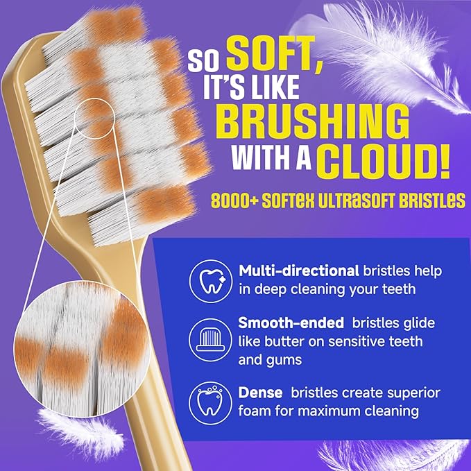Extra Soft Toothbrush for Sensitive TeethWith ，10000 Bristles Nano Toothbrush Soft Bristles for Sensitive & Receding Gums, Perfect for Whiter Teeth, 6 Pack