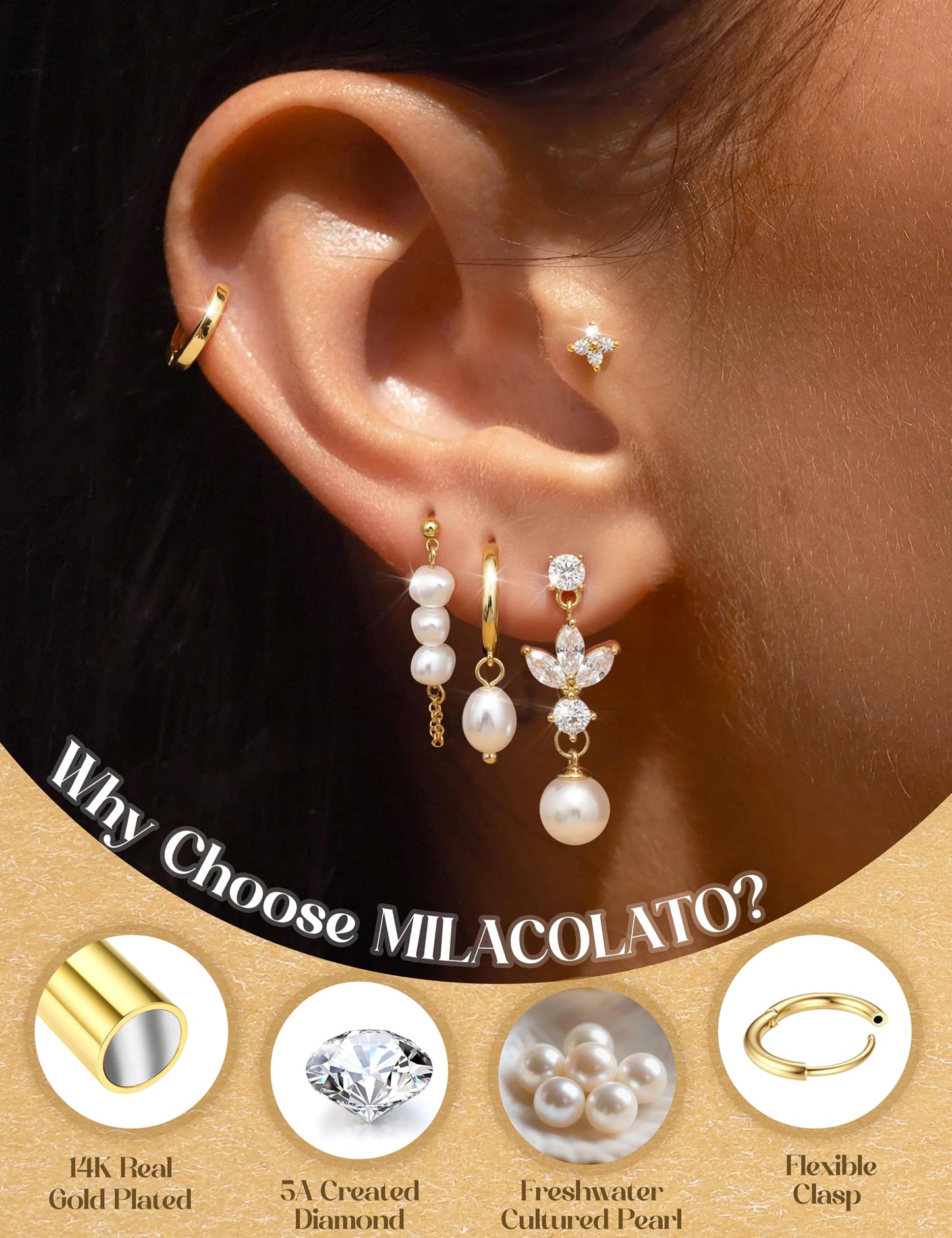 MILACOLATO 5Pairs 925 Sterling Silver Earrings for Women 14K Gold Plated Stud Huggie Hoop Earrings Sets for Multiple Piercing Hypoallergenic Pearl Cartilage Earrings Stacks Trendy Gifts