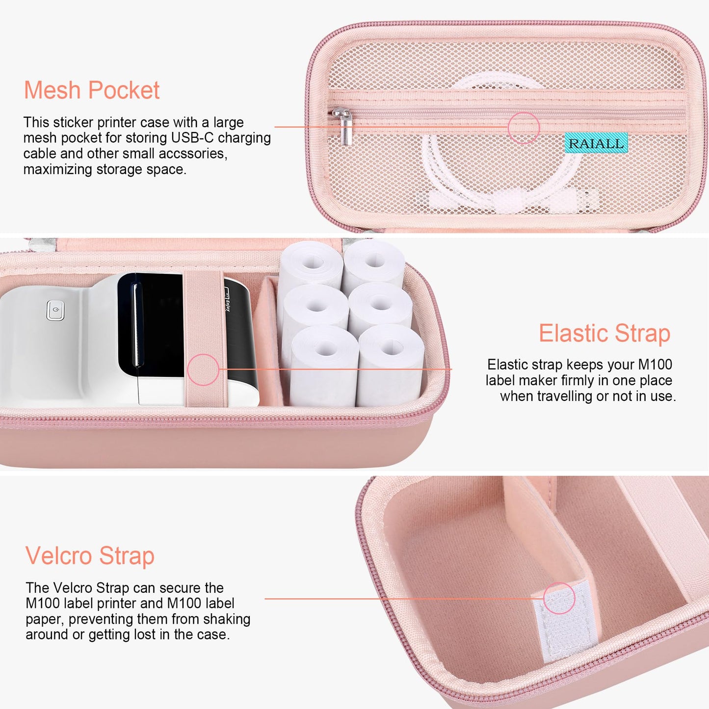 RAIALL Carrying Case for NelkoGlobal M100 Label Maker, NelkoGlobal M100 Inkless Thermal Bluetooth Label Printer Bag, Handheld Barcode Labeler Storage Holder, Pocket Fits Label Paper, Rose Gold