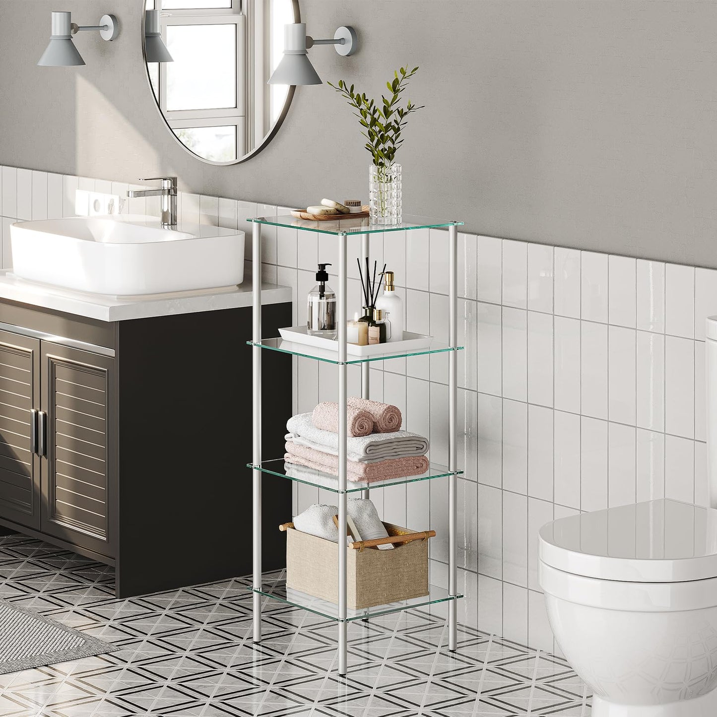 HOOBRO Glass Shelf, 4 Tier Bathroom Standing Shelf Unit, Tempered Glass Shelving Stand for Small Space, Perfume Stand Organizer, Space-Saving, for Bathroom, Bedroom, Steel Frame, Silver SV04CJ01