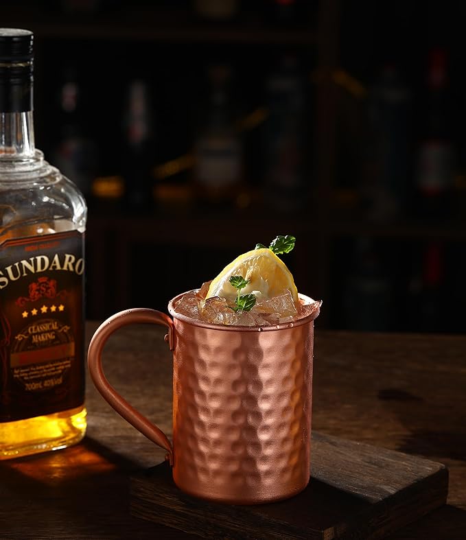 Moscow Mule Pure Copper Mugs - Set of 4 - Handmade of 100% Pure Copper -Hammered Finish-Riveted Handle
