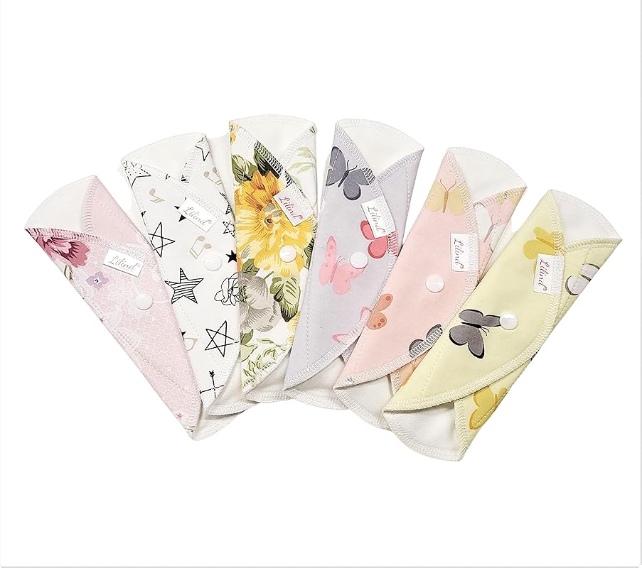 Lilind® 6 Pack Everyday Pantyliners, Organic Cloth Pads, Reusable Menstrual Sanitary Napkins, 100% Cotton, Random Flowers