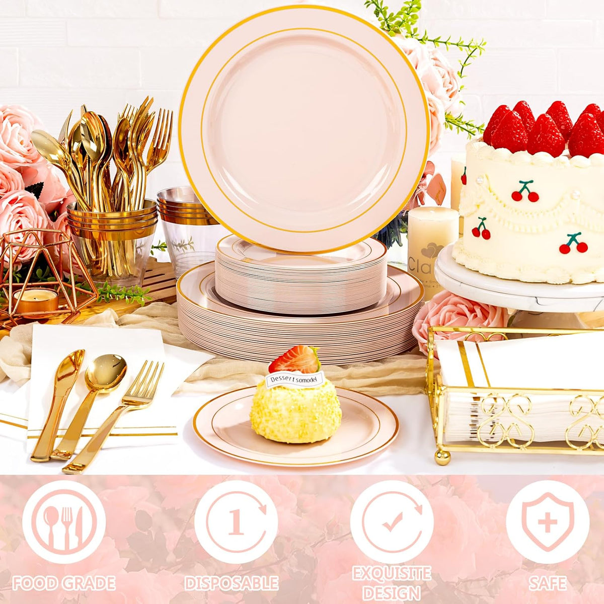 GATHER 700PCS Pink Plastic Plates - Gold Rim Disposable Plastic Dinnerware Set Include 200 Pink Plates, 300 Silverware, 100 Napkins, 100 Cups for Party & Wedding