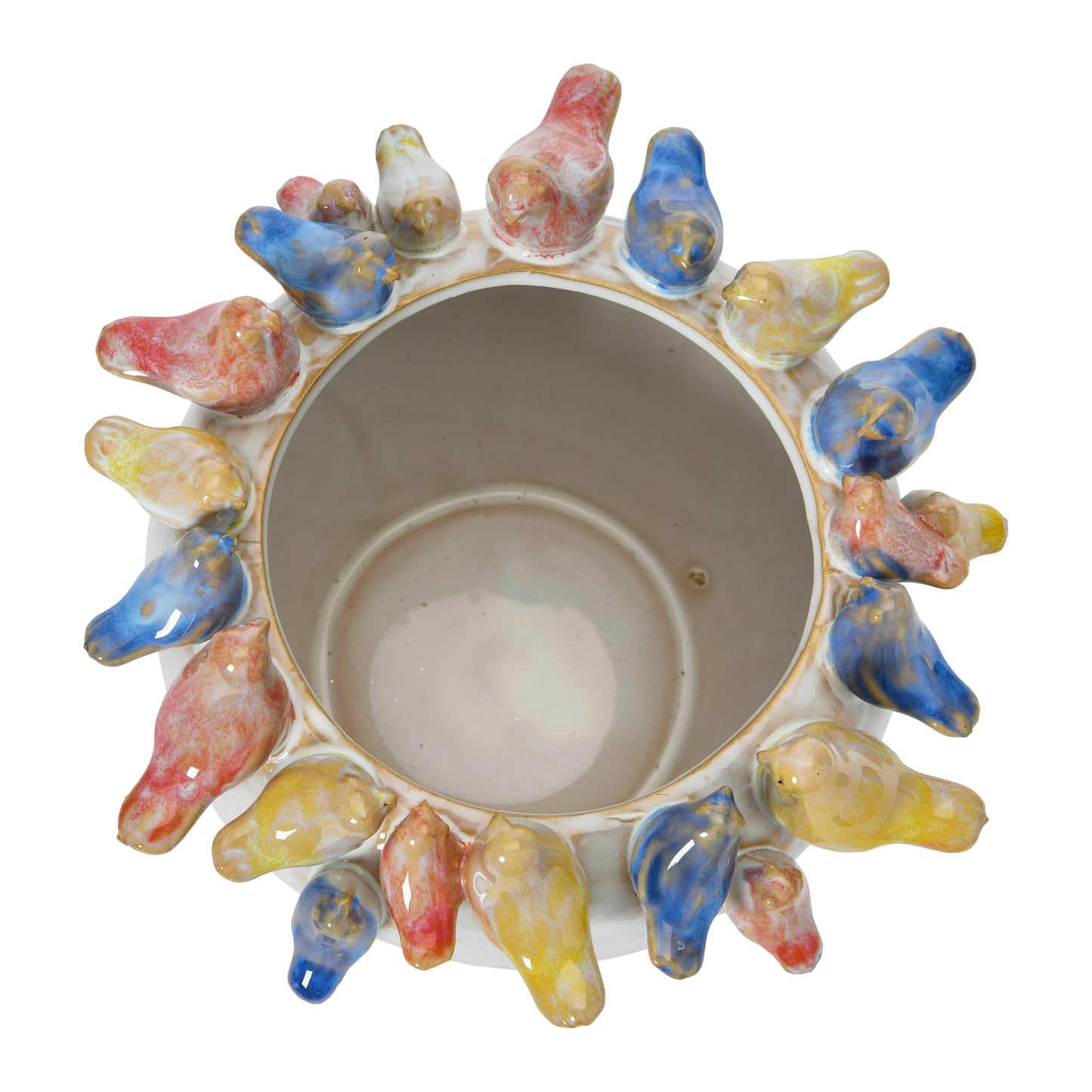 Creative Co-Op Stoneware Planter with Birds on Rim, Reactive Glaze