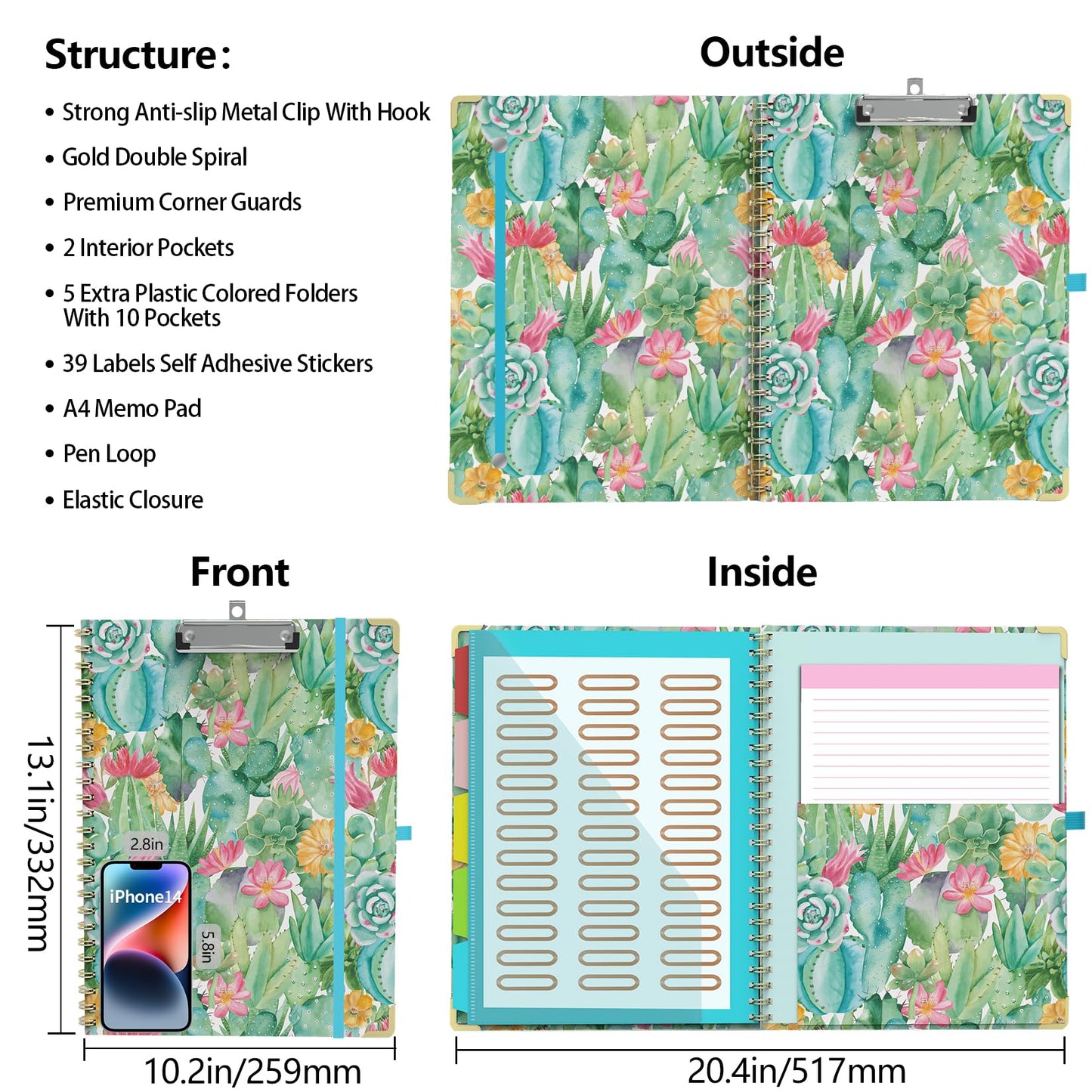 Clipboard Folder with Notepad Refillable Lined for Letter Size (11" x 8.5"), 5 Dividers with Storage 10 Pockets, Cute Spiral Foldable Clipboard with Metal Clip School Office Supplies(Cactus Flowers)