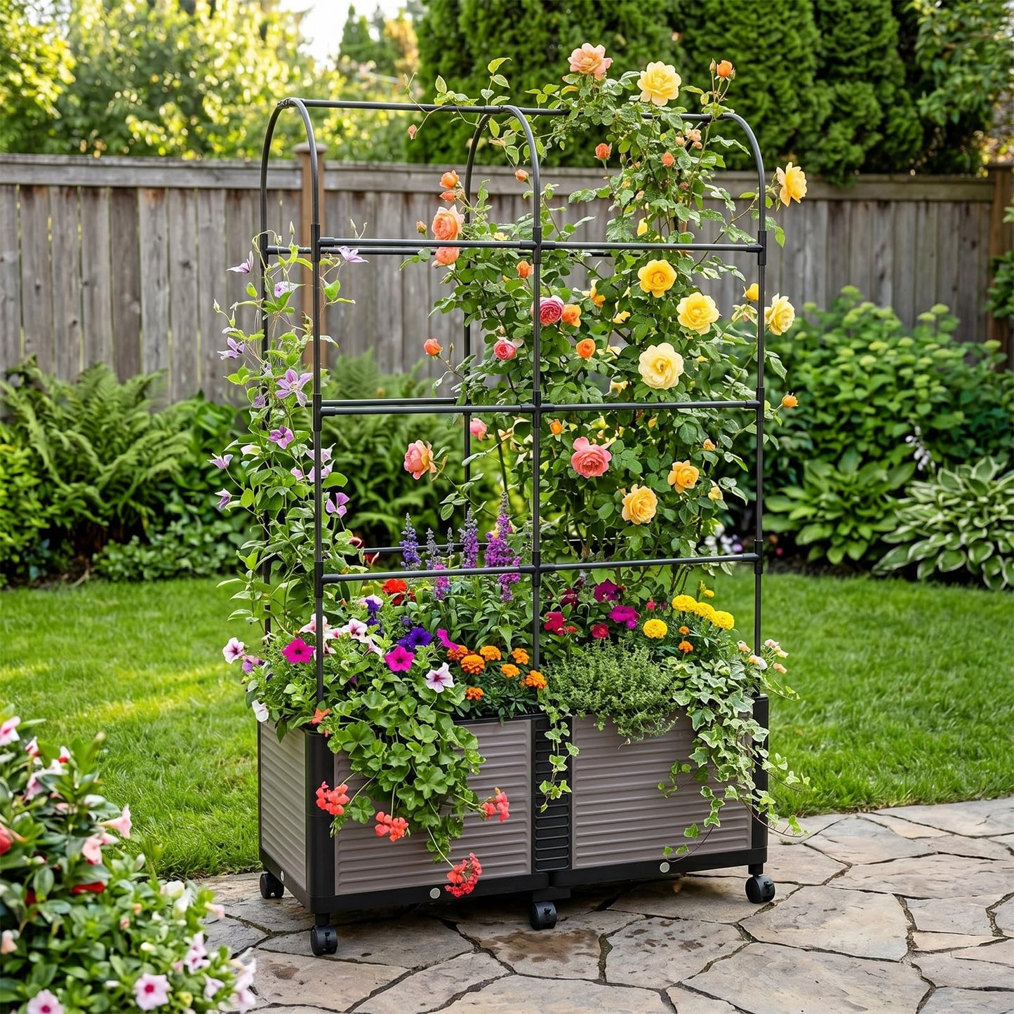 DoCred Raised Garden Bed Planter Box with Trellis for Climbing Vegetables Plants, Tomatoes Planters Outdoor Tomato Cage with Wheels, Indoor Outdoor Use