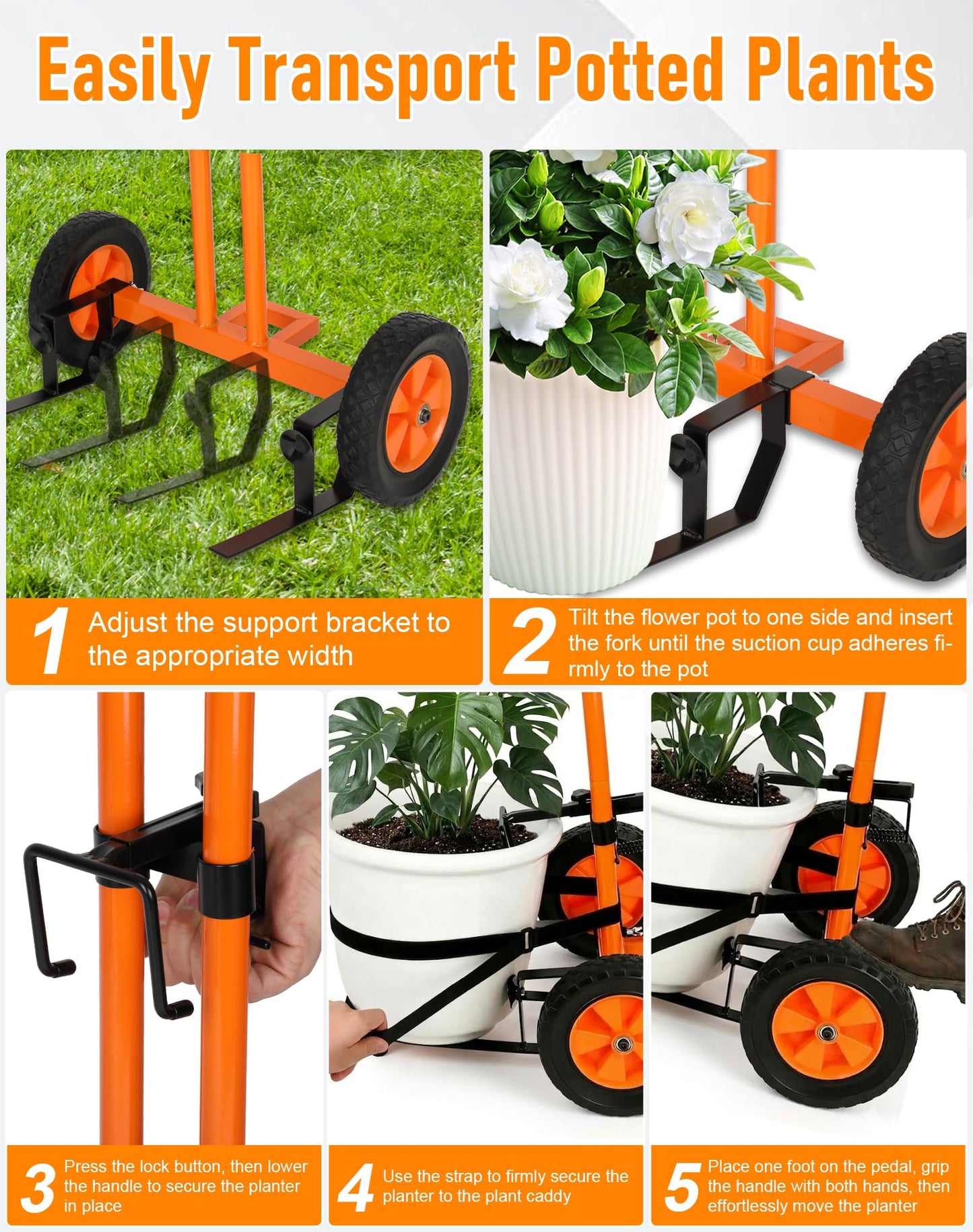 Deerift Heavy Duty Plant Caddy with Wheels, Plant Dolly Cart, Adjustable Grabbing Arm & Suction Cups for Easy Plant Movement, Versatile Indoor/Outdoor Plant Dolly Trolley Cart with Strap, Orange