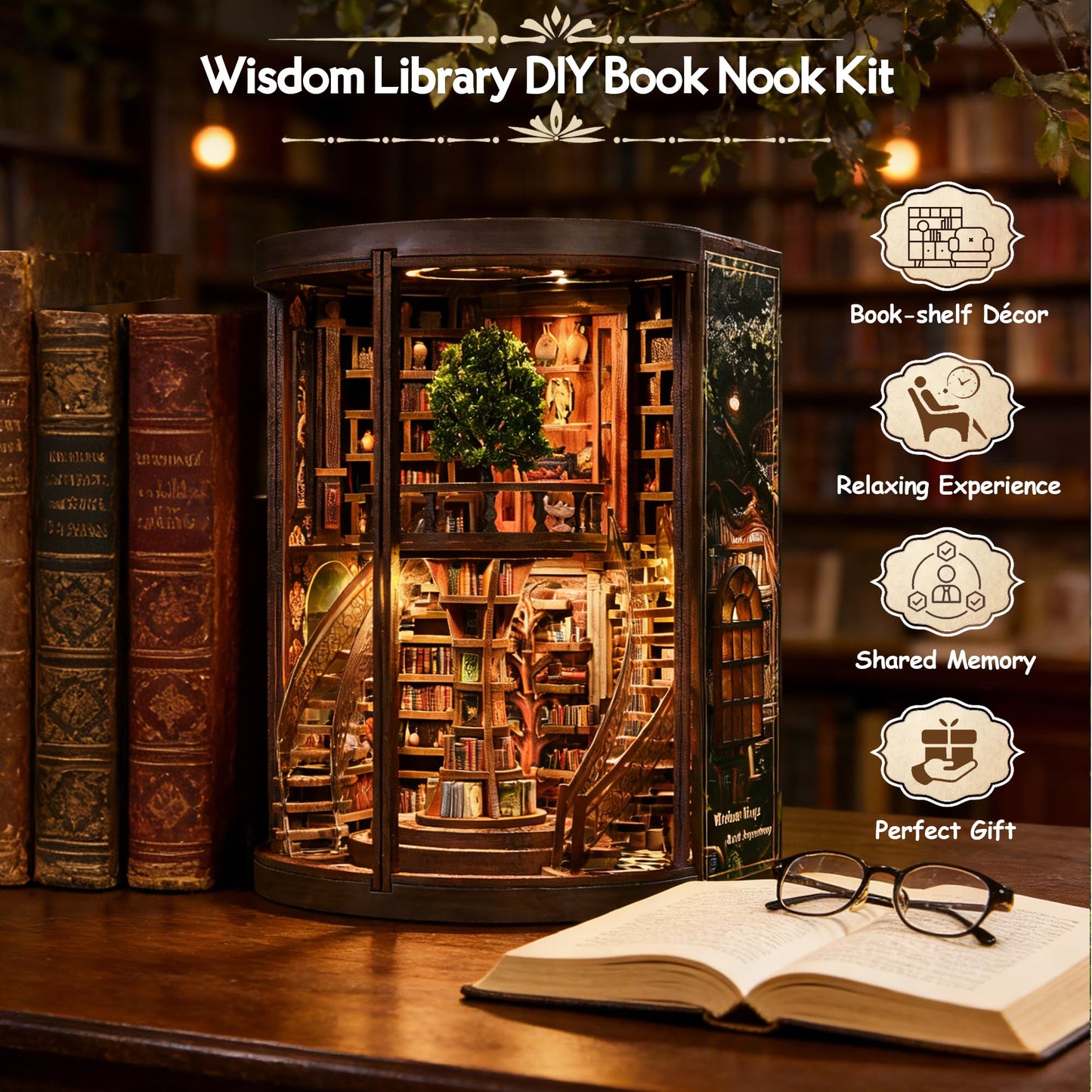 Soothee DIY Book Nook Kit with LED Lights | 3D Puzzles for Adults & Teens, Miniatures and Model Building Kits for Bookshelf Decor, Relaxing & Unique Gift for Craft Lovers | Wisdom Library