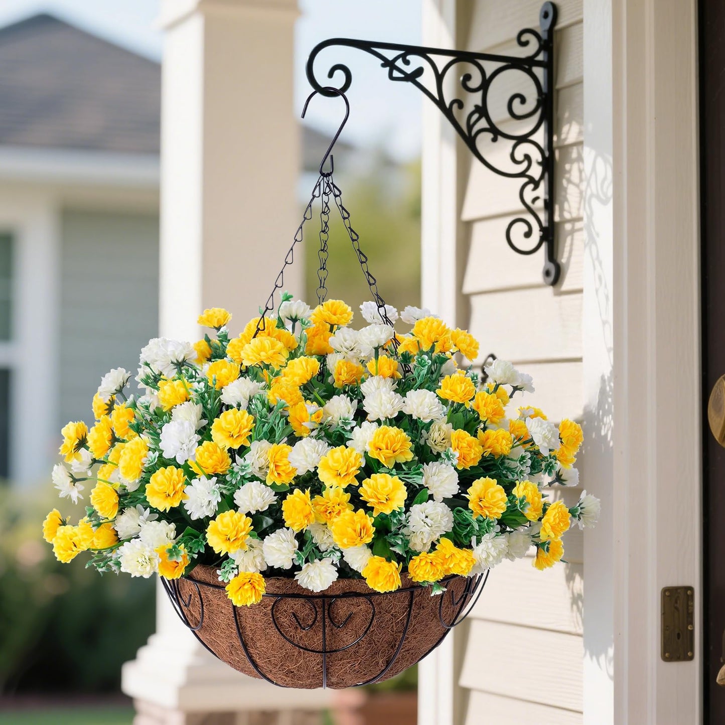 Artificial Hanging Flowers Basket for Spring Outdoors Decoration, Silk Mums Fake Flowers UV Resistant Look Real Daisy with Coconut Lining Baskets for Outside Porch Courtyard Decor(Yellow and White)