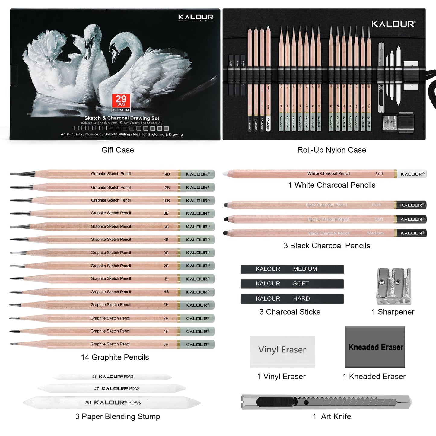 KALOUR 29 Pro Sketching Drawing Pencils Set with Roll-Up Nylon Case – 14 Graphite Pencils (14B–5H), Charcoal Pencils, Erasers, Sharpener & Stumps – Complete Art Kit for Artists & Beginner