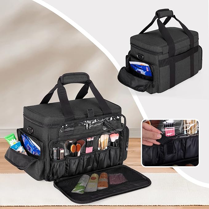 BAFASO Large Makeup Bag with 2 Removable Pouches and Detachable Dividers, Multifunctional Cosmetic Bag to Keep Makeup and Hair Supplies (Patent Pending), Black