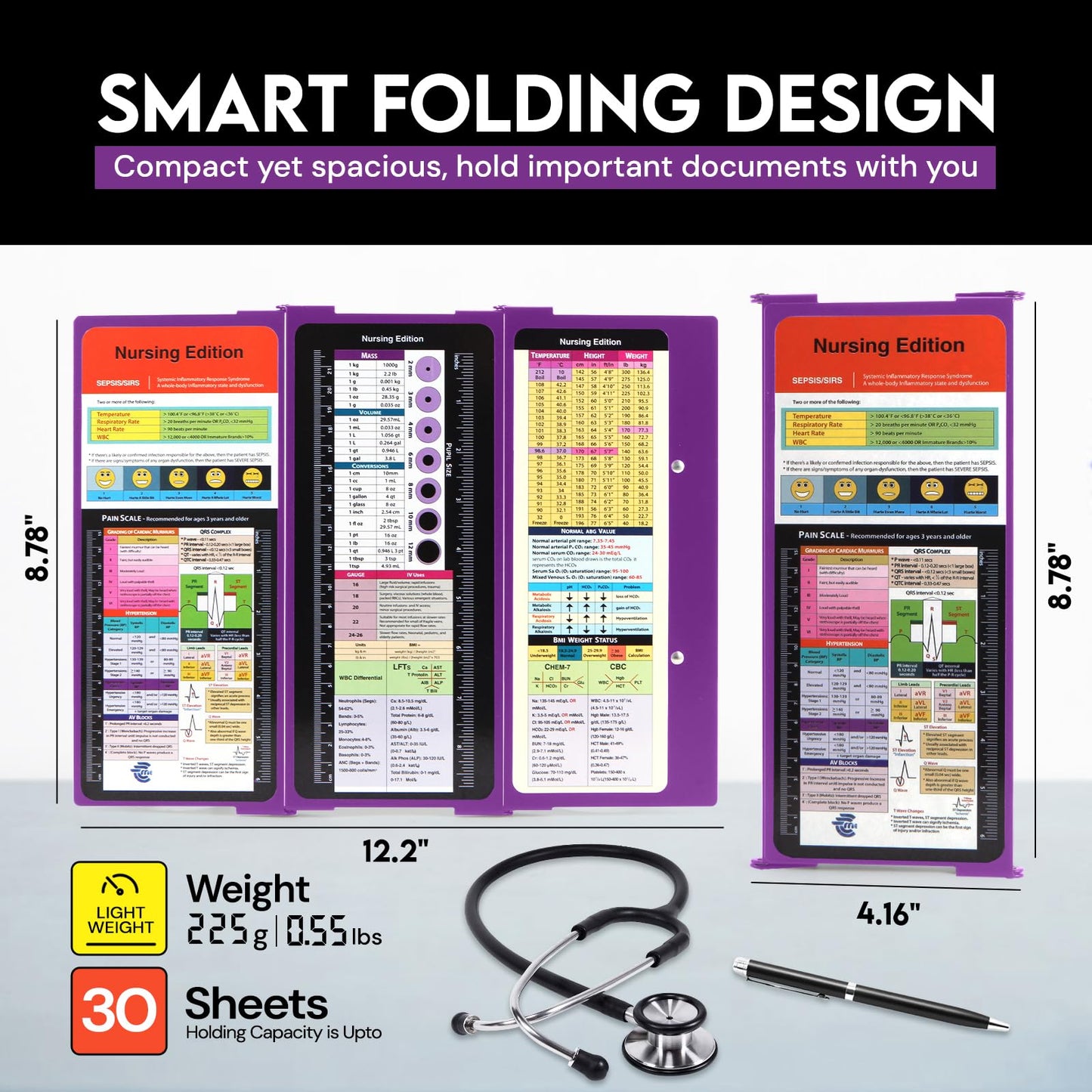 Nursing Clipboard with Nursing and Medical Edition Cheat Sheets 3 Layers Aluminum Foldable Nurse Clip Board Nursing Student Essentials - Foldable Clipboard Nursing Nursing School Essentials (Purple)