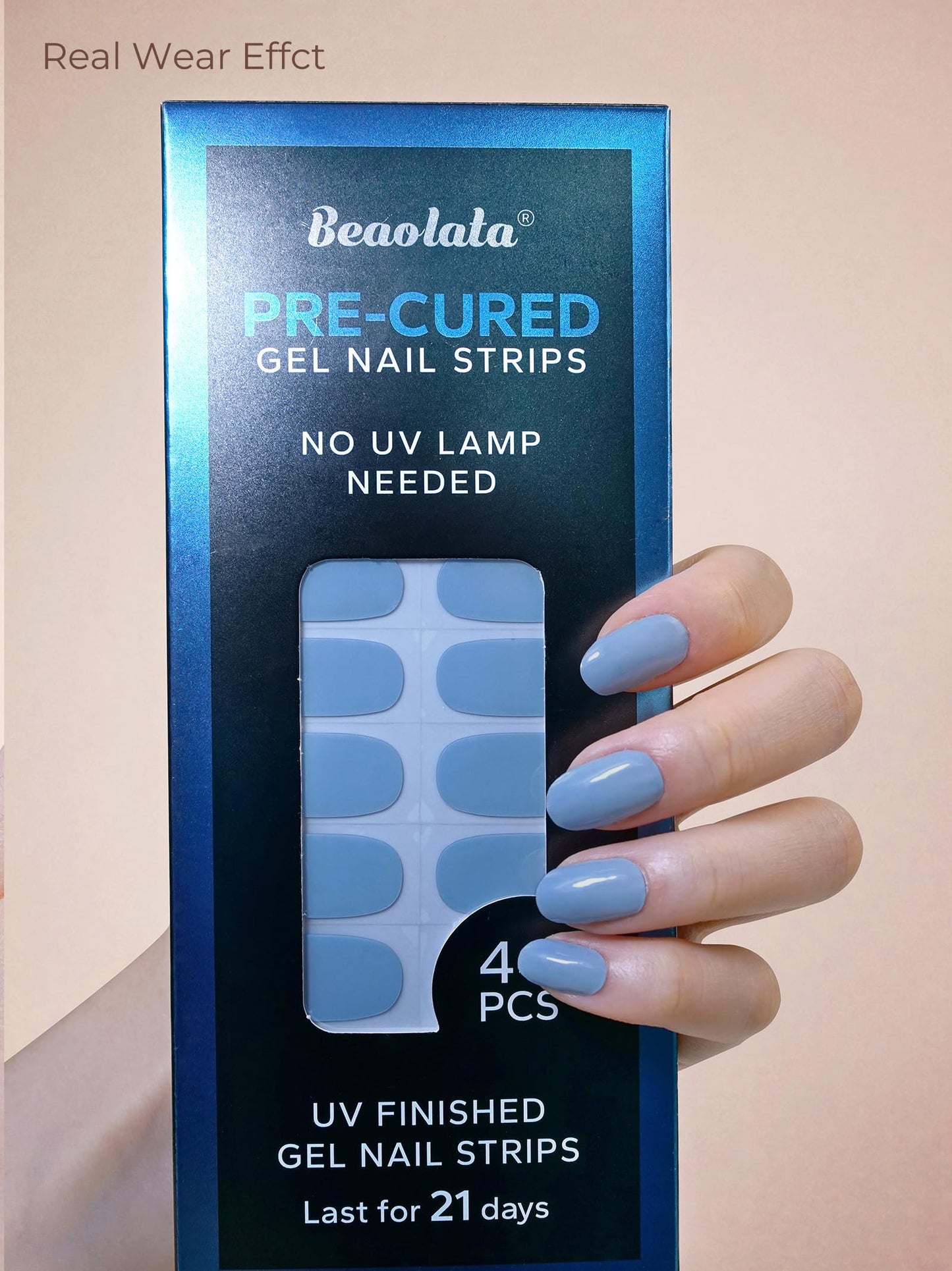Beaolata Real Gel Nail Strips (No UV Light Needed) - 44Pcs Salon Quality Nail Stickers - Long Lasting Polish Wraps for Women, Easy Apply & Remove (Lily Blue)
