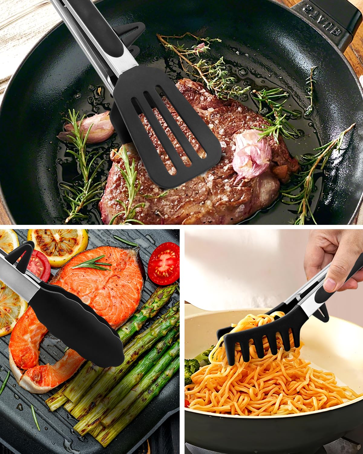 Kitchen Tongs for Cooking, Non Scratch Silicone Tip for Nonstick Cooking Pans, Food Grade Mini Serving Tongs, Pull Lock, Set of 3, Black (BLack, 9 inch)