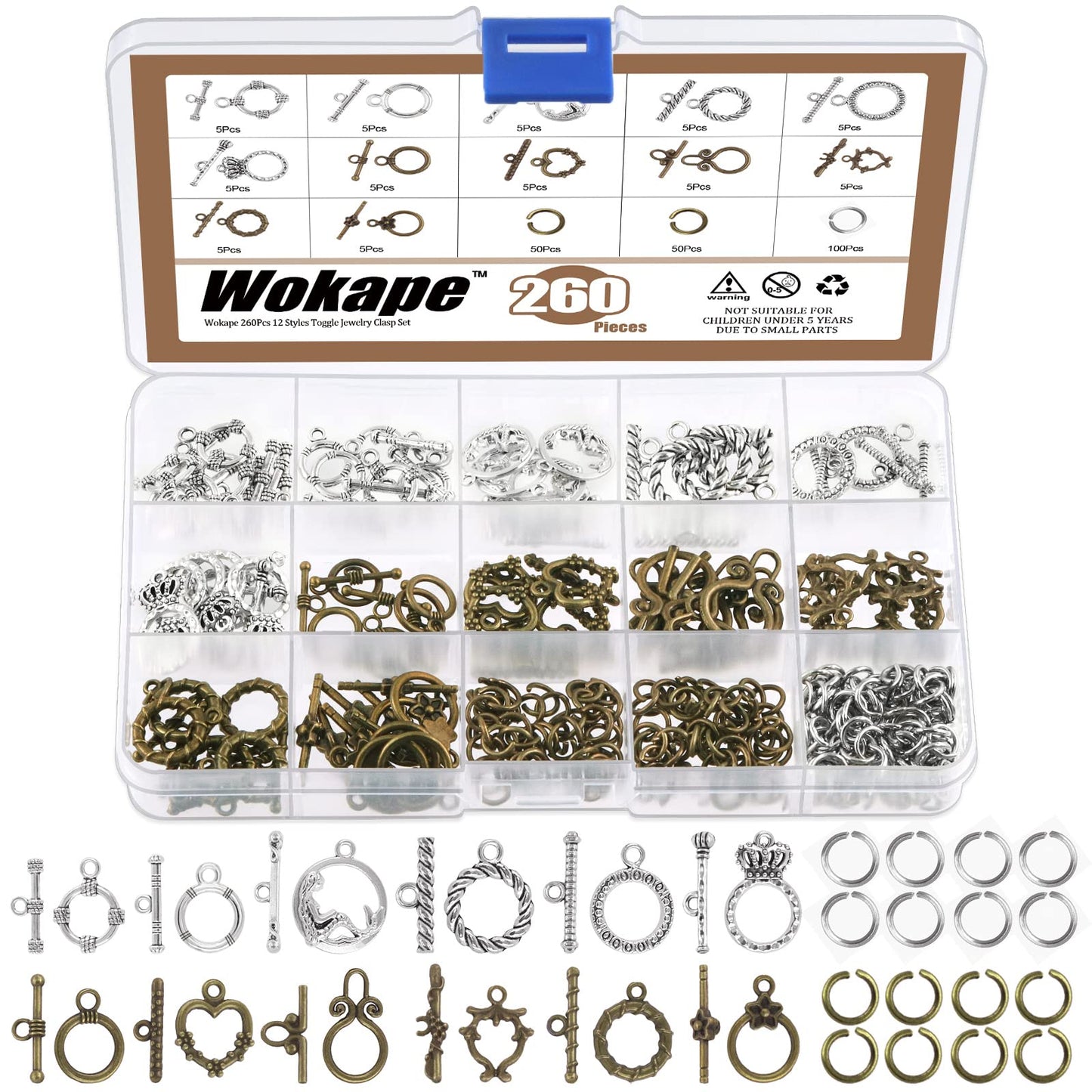 Wokape 260Pcs Tibetan Alloy Toggle Clasps with Open Jump Rings, 12 Styles T-bar Closure Clasp IQ Toggle Clasps Fastener Hook Toggle Connectors for Jewelry Making DIY Craft