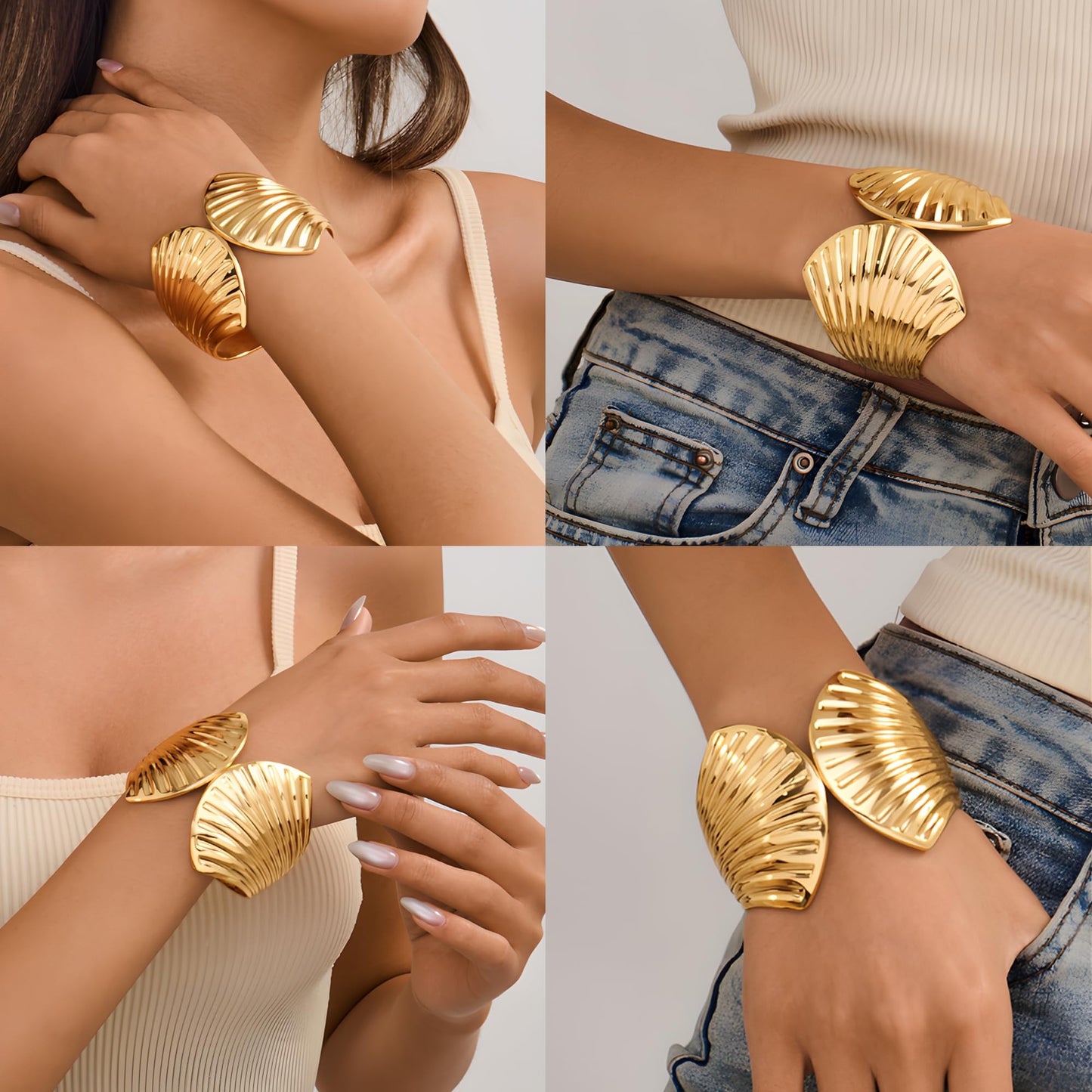 Gold Plated Wide Shell Cuff Bracelet for Women Exaggerated Statement Gold-tone Ginkgo Leaf Bangle Bracelet with Spring Clasp