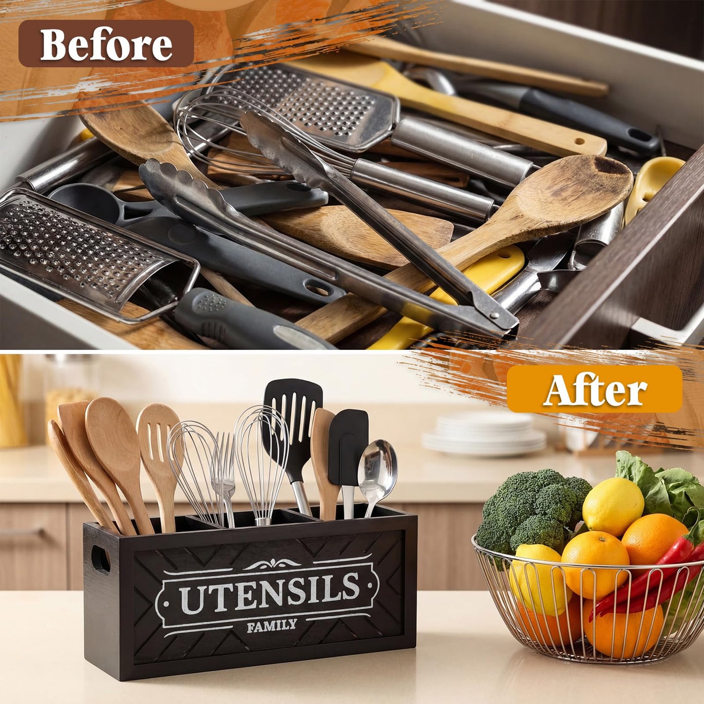 Novabright Extra Large Kitchen Utensils Holder with Drying Mat 13.8 Inch Wooden Utensil Organizer for Kitchen Countertop with 3 Compartments Cooking Storage Caddy Rustic Farmhouse Decor