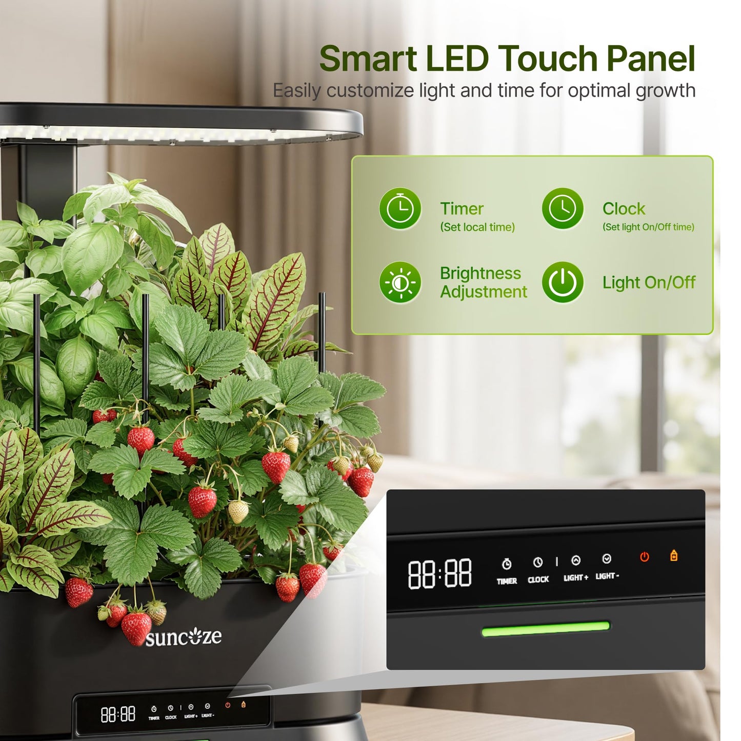 SUNCOZE Hydroponics Growing System Kit with Split Tank, Dimmable 36W Full Spectrum LED Grow Light, 12 Pods Indoor Herb Garden with Timer & Clock Smart Pane, 21.65 Inch Height Adjustable Herb Garden