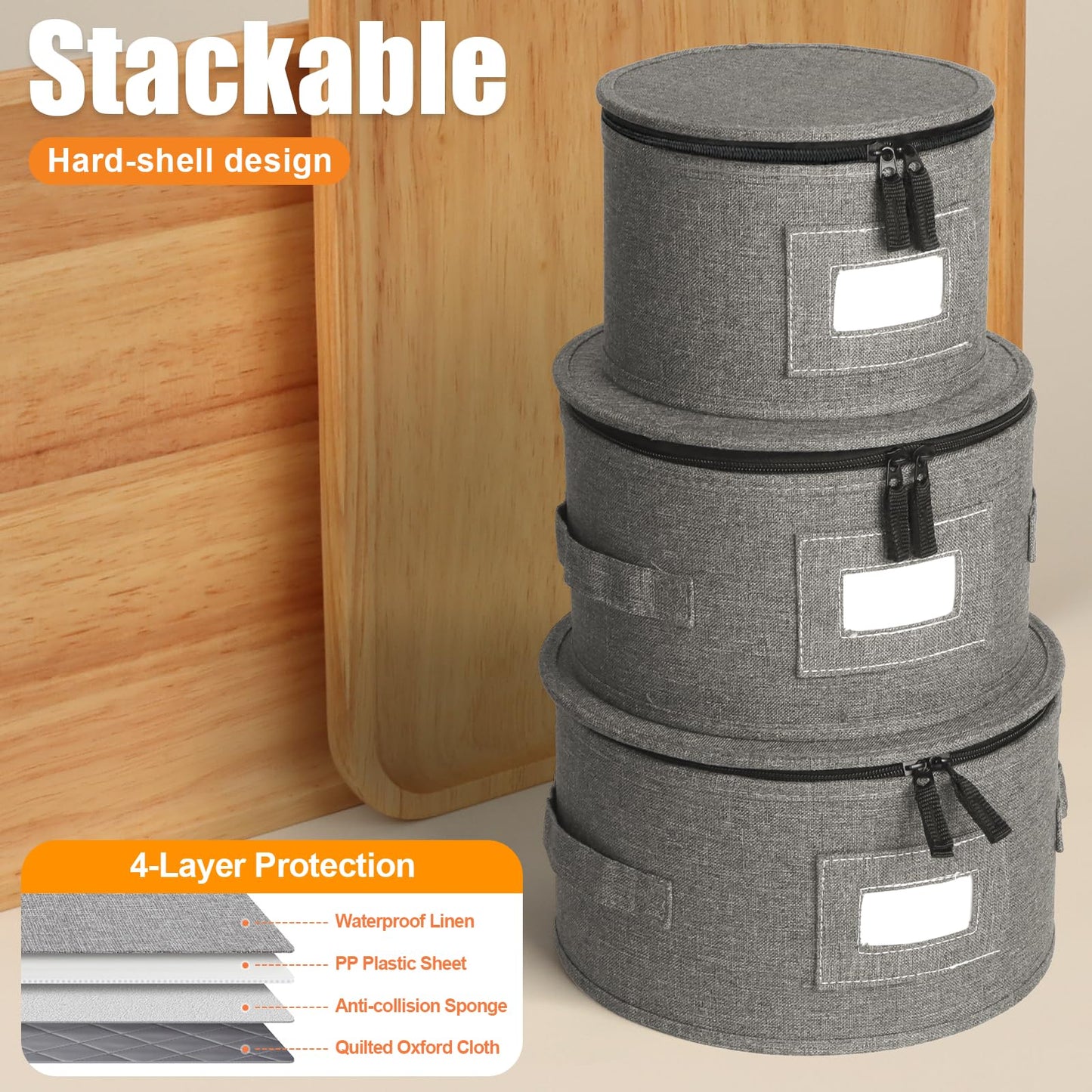 Kukikan China Storage Containers, 4 Pack Hard Shell Moving Boxes, Dish Storage Containers with Felt Dividers for Charger Plates Dinnerware, Stackable Cases for 12 Place Setting Up to 11.4" Dia.