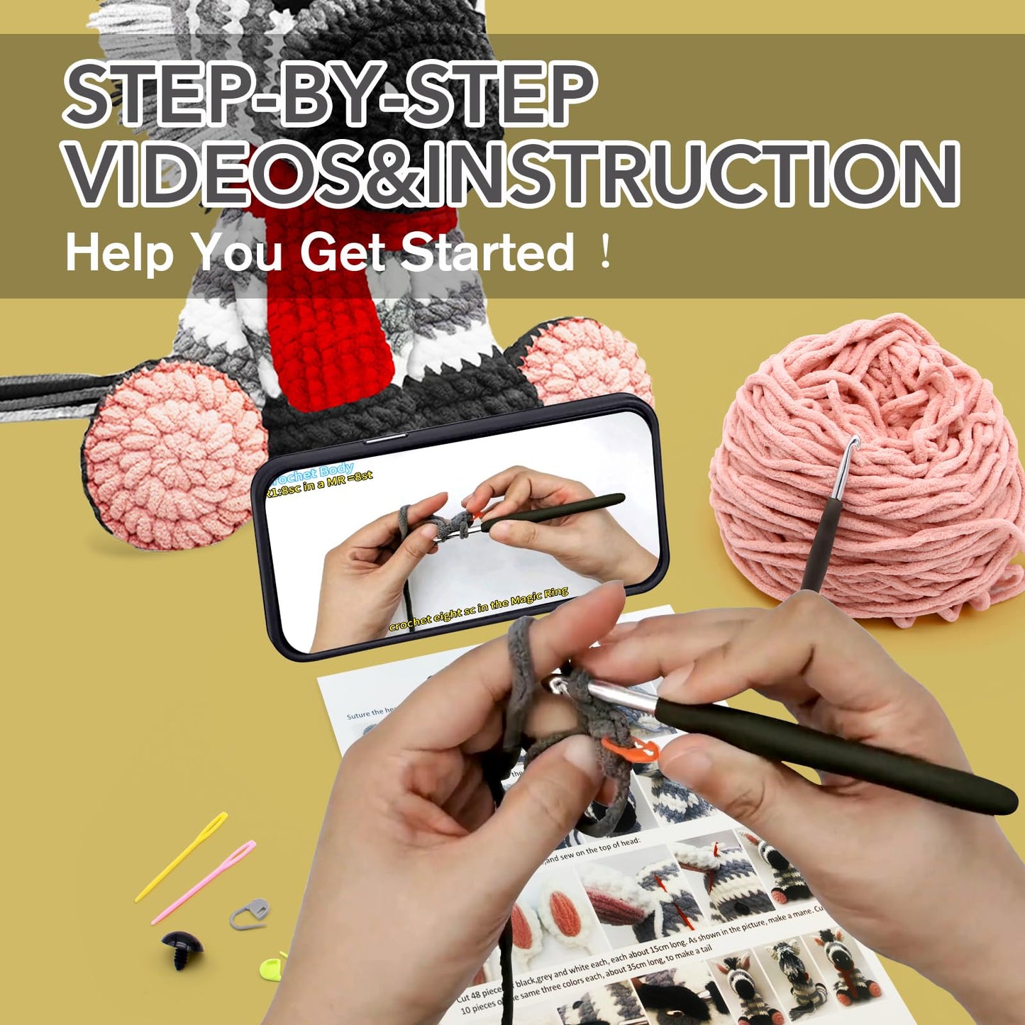 CODGP Crochet Kit for Beginners,11.8in Crochet Animal Kit Zebra,Crochet Starter Kit Gift for Adults with Yarn Sets,Amigurumi Crochet Kit with Step-by-Step Video Tutorials