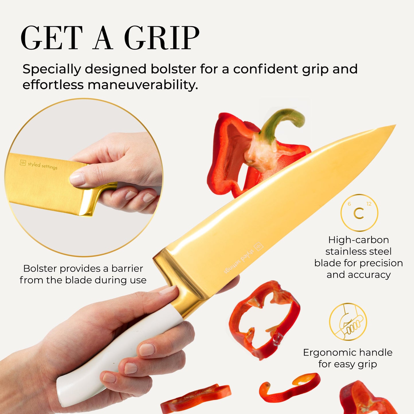 White and Gold Knife Set with Block - 14-Piece White Knife Set with Block and Built-In Sharpener – Titanium-Coated High Carbon Stainless Steel Blades - Gold Kitchen Accessories - Great for Gifting