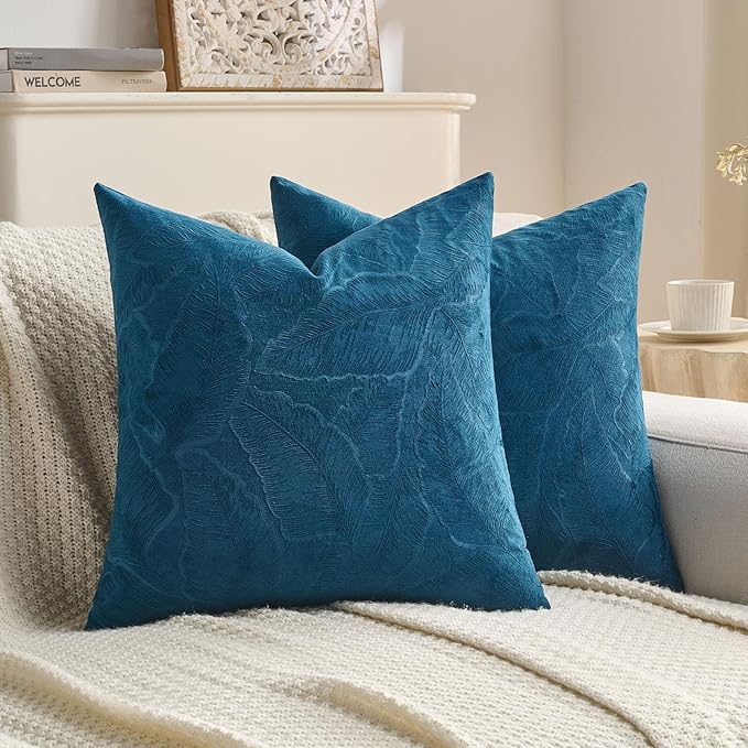FUTEI Navy Blue Velvet Throw Pillow Covers 16x16 Inch Set of 2,Soft Embossed Leaf-Relief Textured Cushion Cases,Natural Home Decor for Couch Living Room