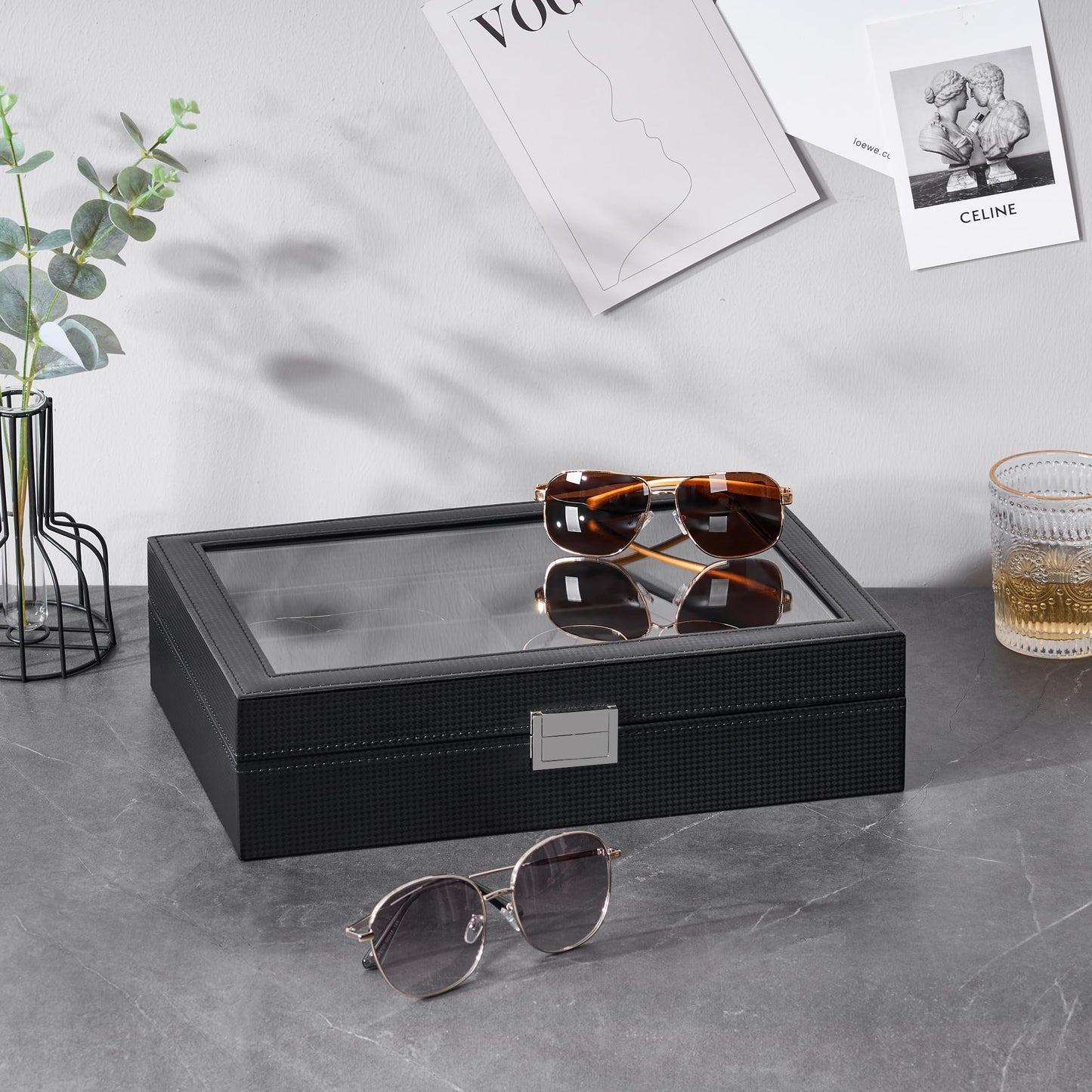 BEWISHOME Sunglass Organizer Case, 8-Slot Glasses Display Case With Large Clear Glass Lid, Pu Leather Lined Glasses Organizer for Men