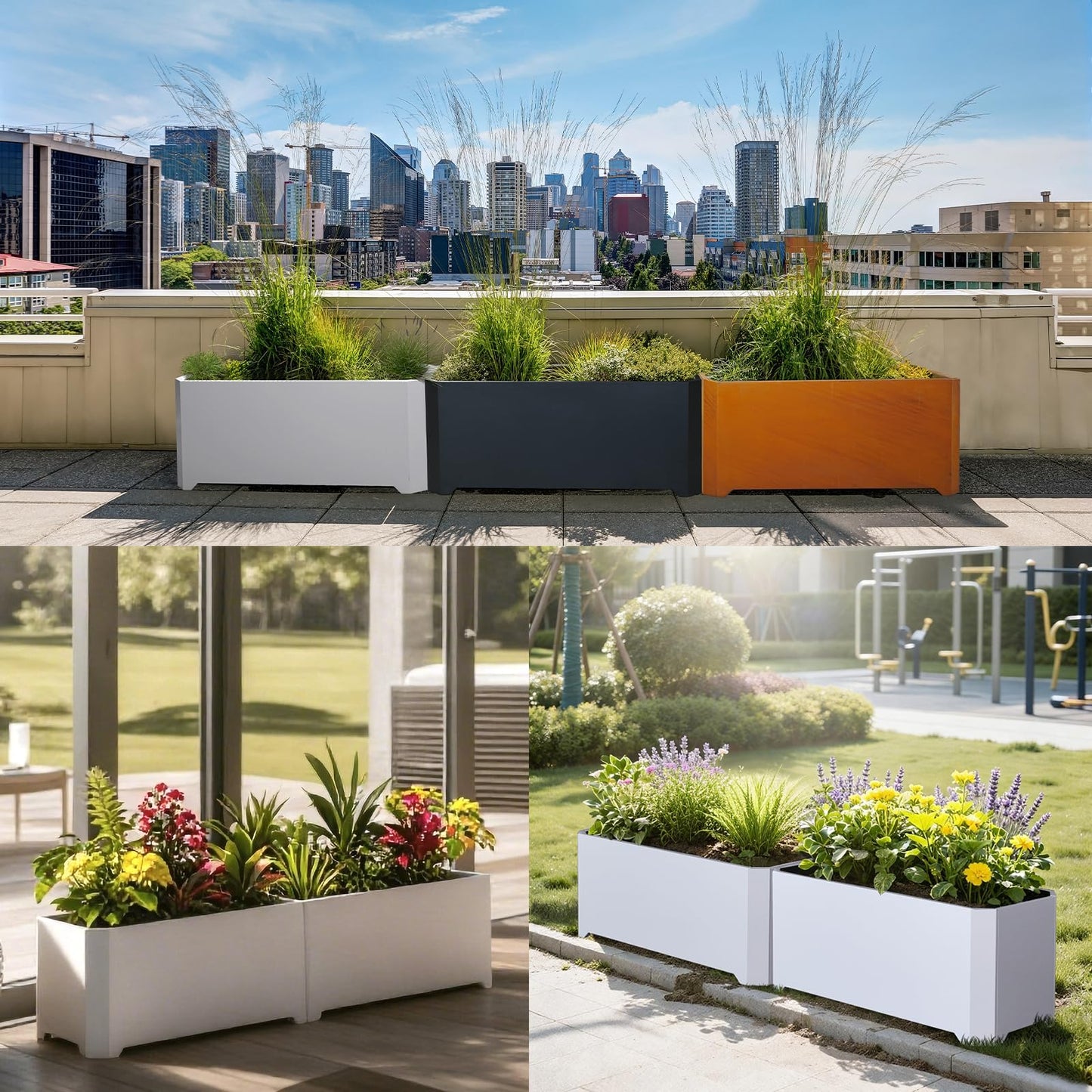 GJWCVL Steel Planter Box-36"x15"x15"-Large Rectangular Planters for Outdoor Plants, White Matel Planter Box Raised Support Feet for Patio, Deck, Garden, Yard, Drain Holes, Easy Assembly