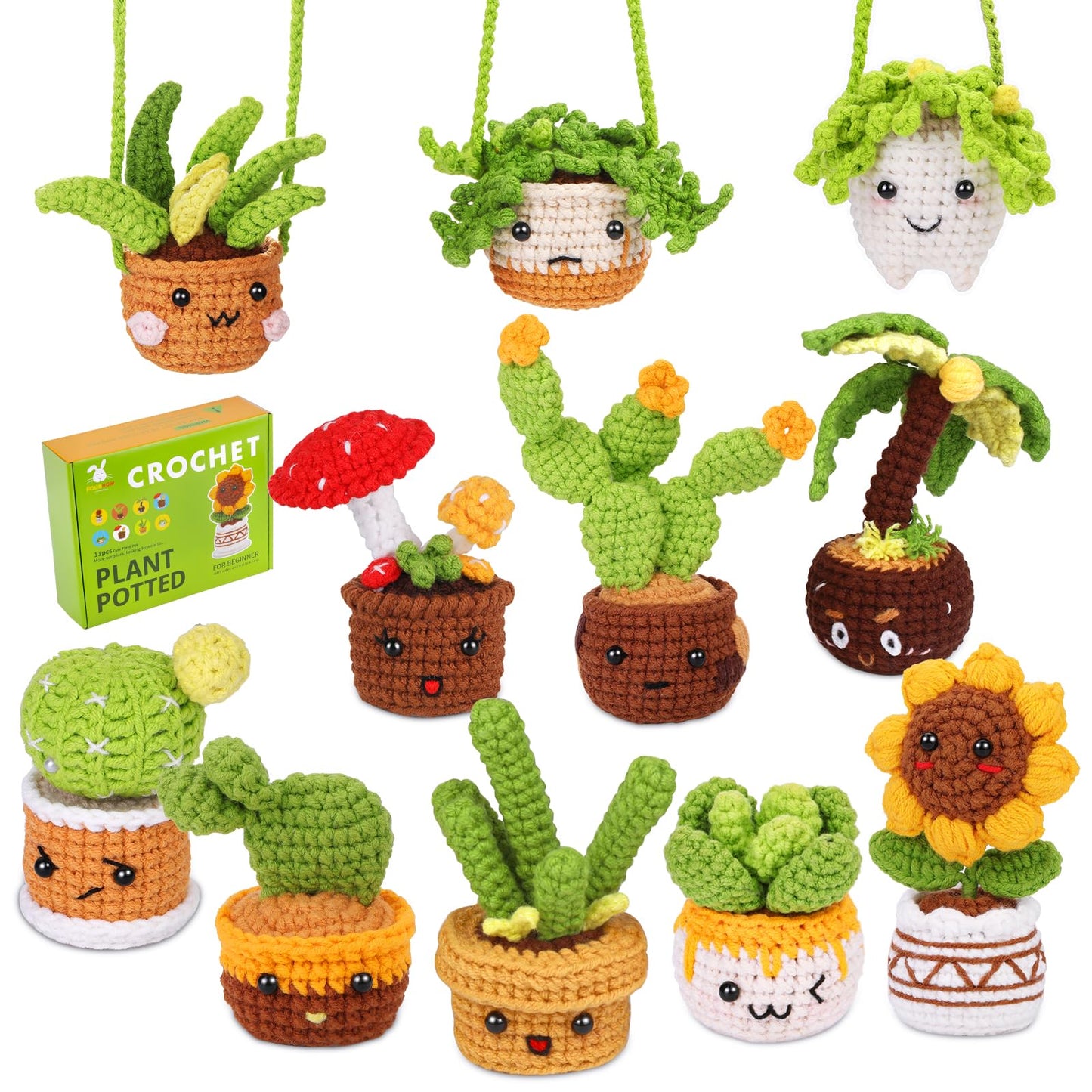 FOUSNOW Crochet Kits, Plant Crochet Kits,11 PCS Potted Plants Crochet Starter Kit, Crochet Kit for Adults with Step-by-Step Video Tutorials, Craft DIY Knitting Supplies