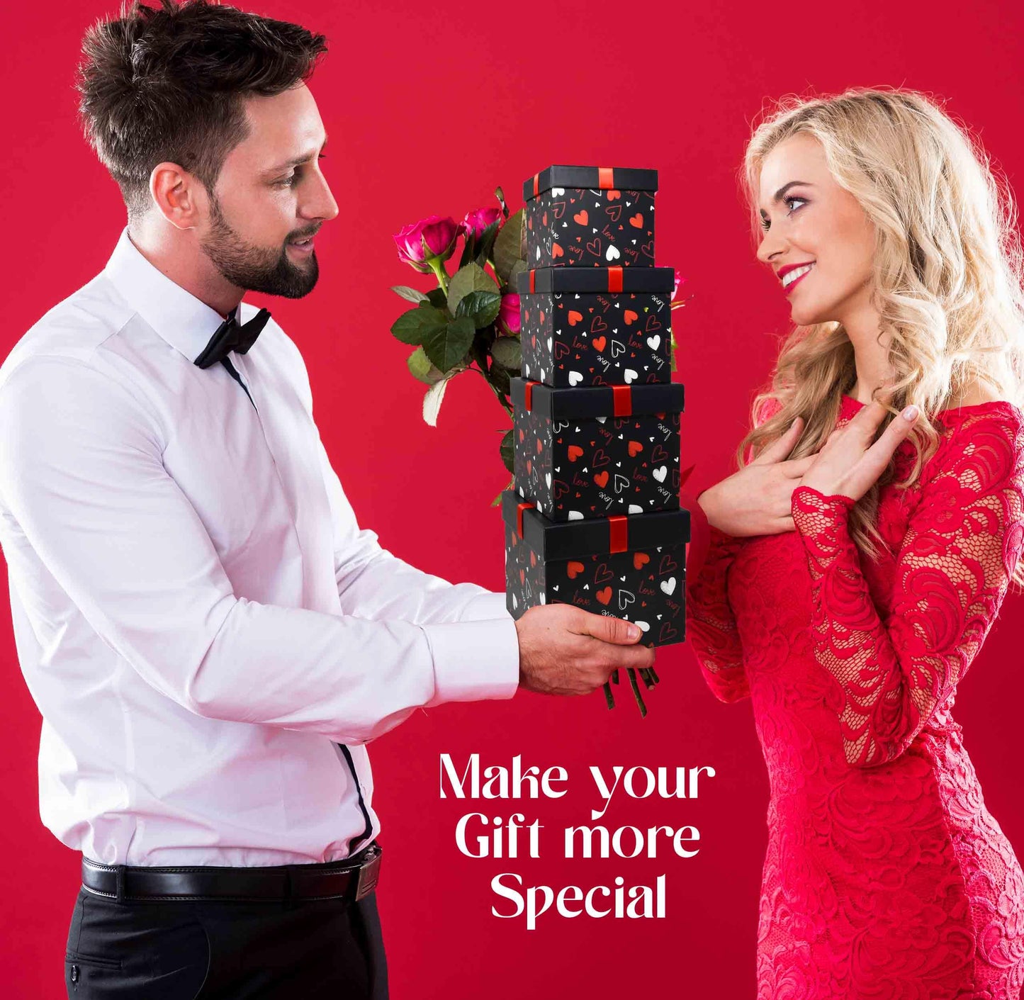 Gift Boutique 4 Pack Valentine Nesting Boxes with Bow Lids Black Red Hearts Stacking Square Box Gifts Presents Wrapping Birthday Wedding Party Decor