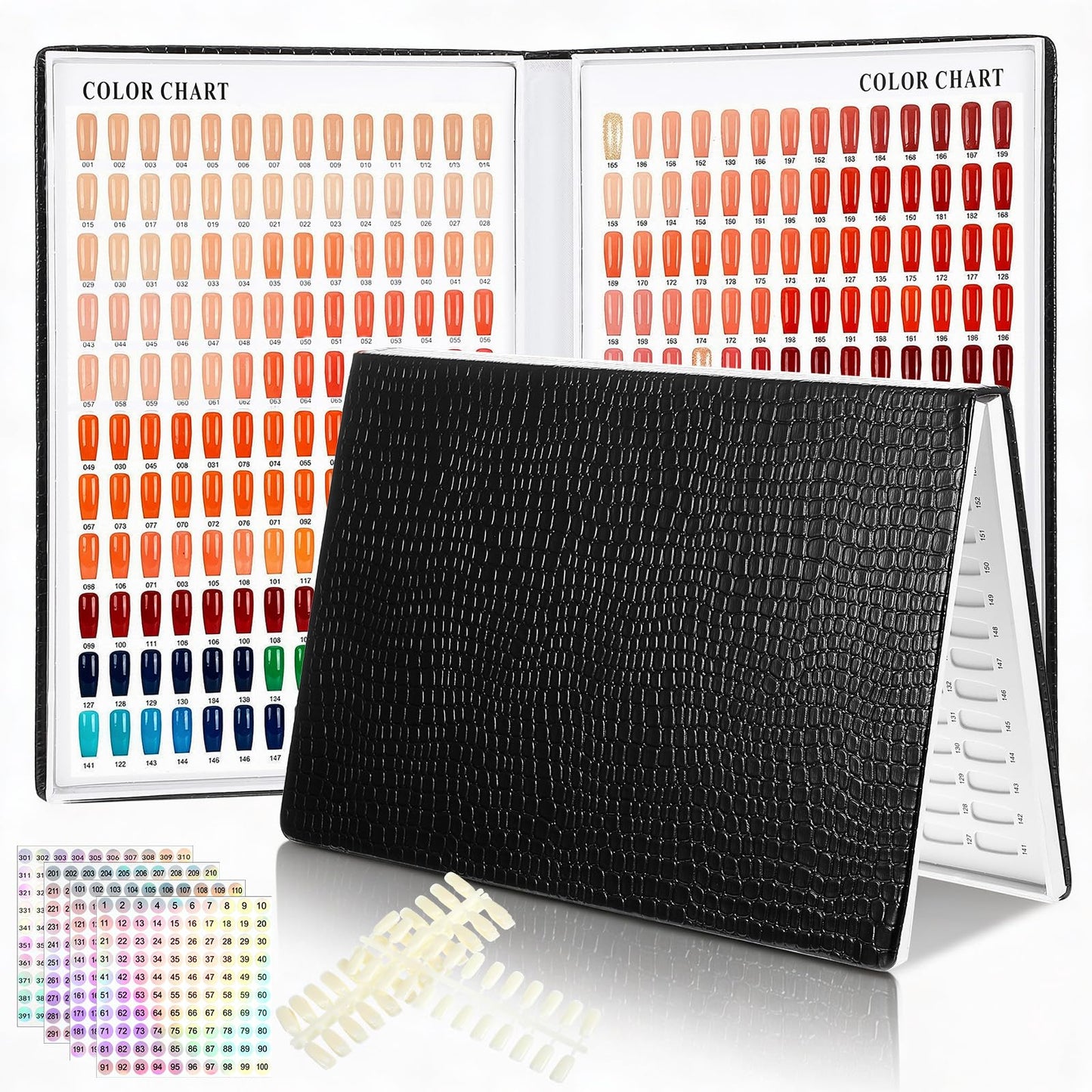 Professional 308 Nail Color Chart Book with 120 Pcs False Nails and 1-400 Number Labels, Gel Polish Display Card for Nail Art Salon Swatches and Practice Design, Black