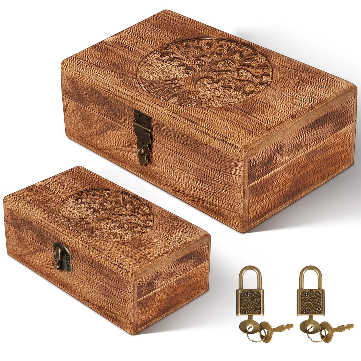 Vicenpal 2 Wooden Tree Keepsake Boxes with Lock, (8x5x3.2 inch & 7x3.7x2.8 inch), Handmade Decorative Treasure Chest Box, Gift Ideas for Men & Women Jewelry Rings Storage