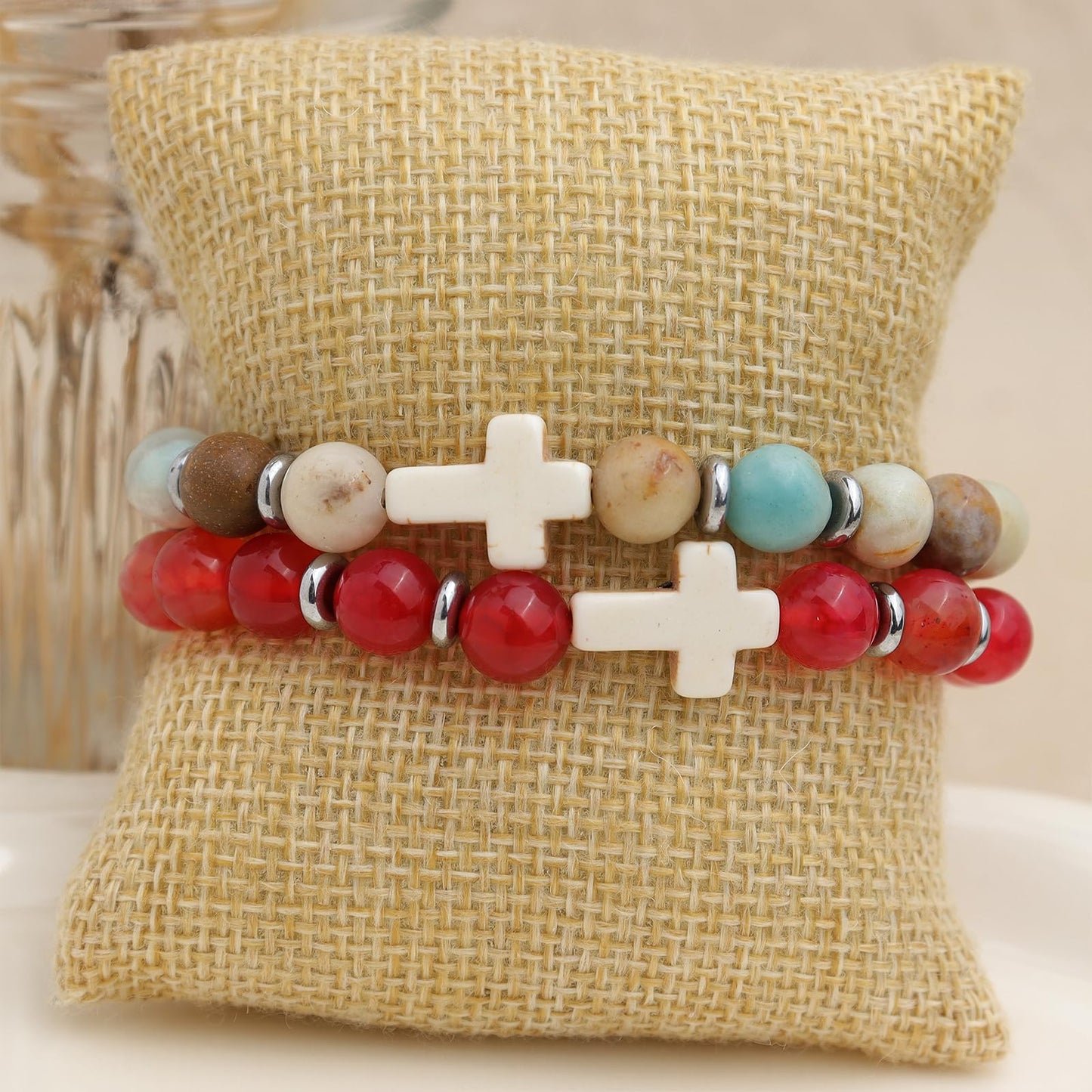 Frigotine Cross Amazonite Beaded Stretch Protection Bracelet for Woman, Handmade Healing Natural Stone Chakra Beads Elastic Bracelets Catholic Religious Accessories Fashion Jewelry Gift