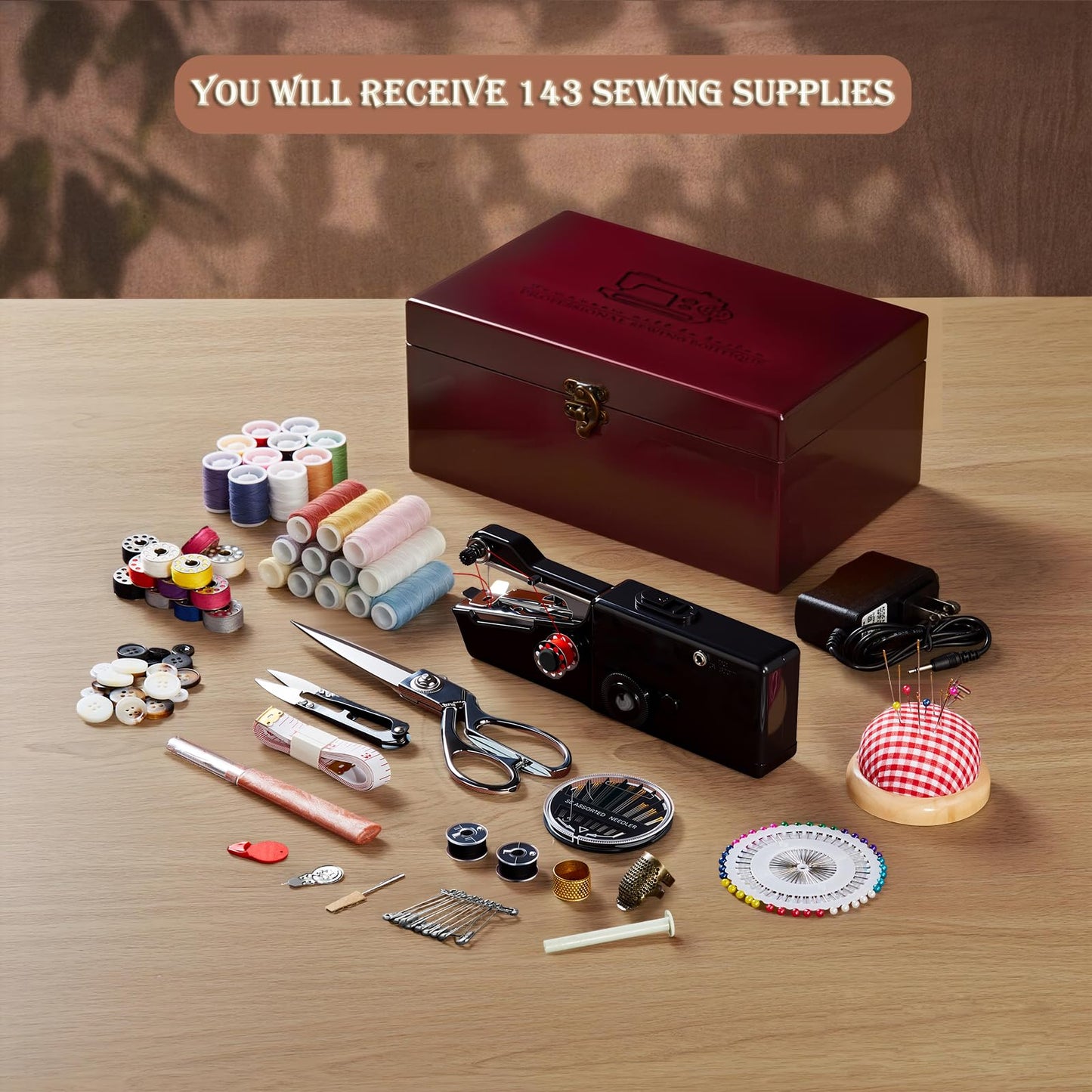 Hand Held Sewing Machine, with Red Wooden Sewing Box and 143 PCS Sewing Kit, Mini Portable Handheld Sewing Machine for Adults and Beginners, with a Power Adapter and Heavy-Duty Scissors