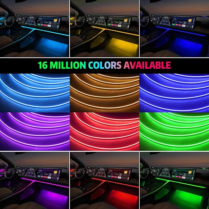 Acrylic Interior Car Lights, AMKI Car LED Strip Light with APP Sub Control, Car Accessories Fiber Optic Car Ambient Lighting Kit with RGB 22 in 1 and 175 inches 593 LEDs 213 DIY and Music Modes DV 12V