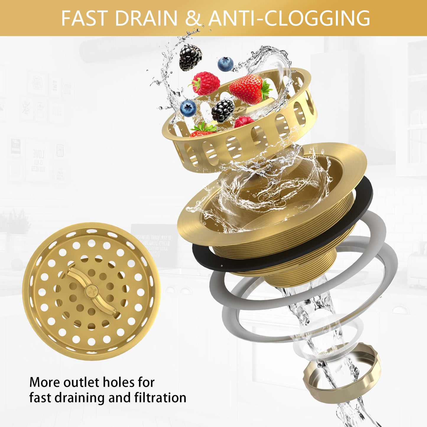 Exakey Gold Sink Drain Strainer 3-1/2 Inch Kitchen Sink Drain Assembly Kit with Stainless Steel Strainer Basket and Drain Stopper for Standard Kitchen Sink Brushed Gold