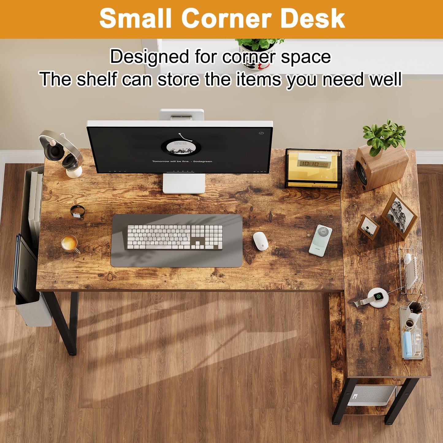 Grandder L Shaped Computer Desk with Reversible Shelves, 40 Inch Small Corner Desk with Storage Bag, Gaming Desk Computer Table Study Writing Desk for Home Office Small Space, Rustic Brown