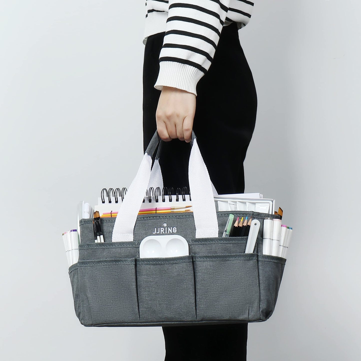JJRING Craft Organizer Tote Bag, Art Storage Caddy with Multiple Pockets, Grey Sewing Bag for Art, Craft, Scrapbooking, Medical, and Office Supplies Storage
