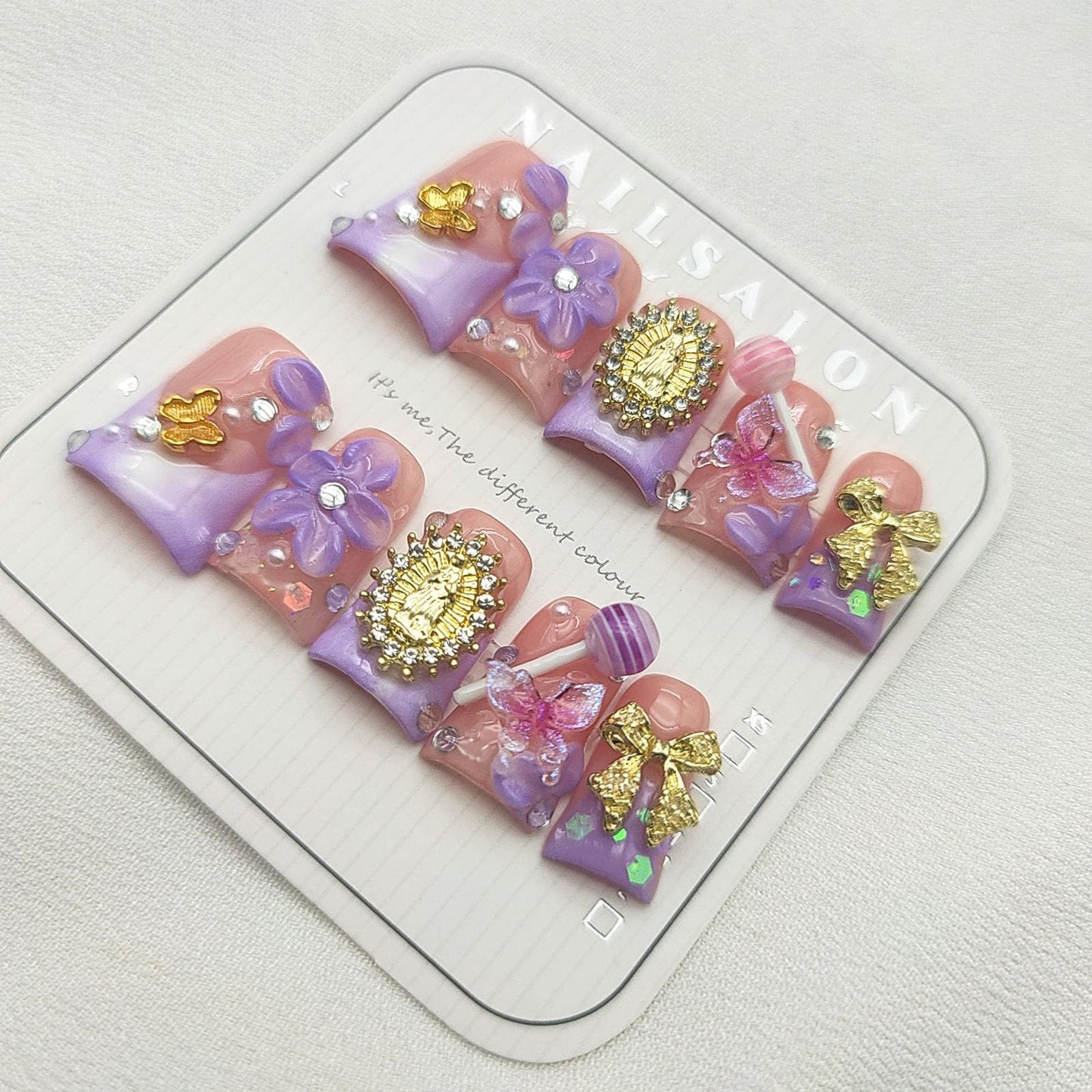 Handmade French Tip Press on Nails Short Duck Fake Nails with 3D Flower Butterfly Rhinestones Candy Bow Designs Duck Nails Press on Purple Gold Nude False Nails Glossy Acrylic Nails for Women 10Pcs(M)