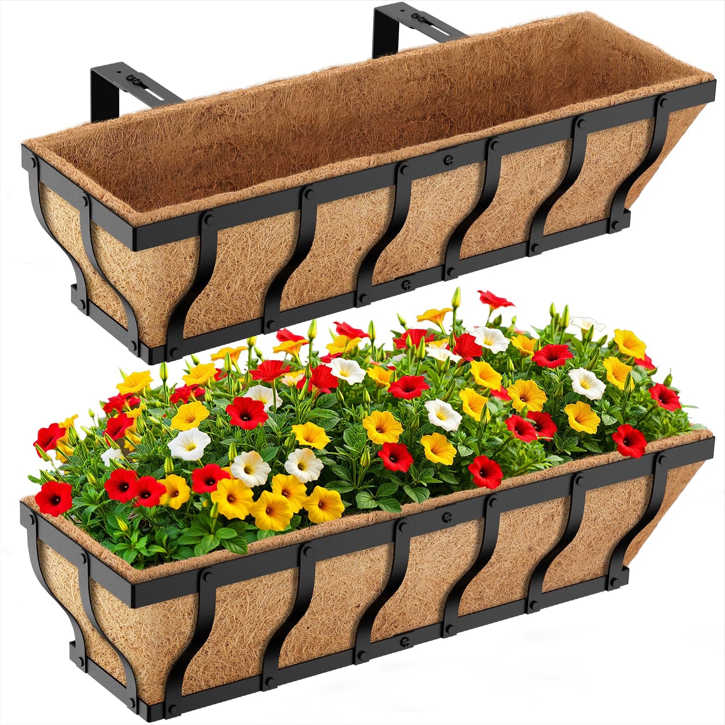 VOXOR Railing Planter Boxes, Heavy Duty Window Box Planters, Adjustable Balcony Planters for Railing Hanging, with Coco Liner & Support Rod for Deck, Porch, and Patio Gardening (2 Pack, 24 Inch)