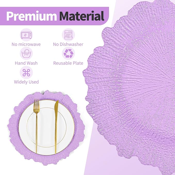 50 Pcs Lavender Charger Plates Bulk 13 Inch Plastic Charger Plates for Dinner Plate, Lavender Chargers for Table Setting, Reef Design Plate Floral Decorative Round Chargers for Wedding Party, Event