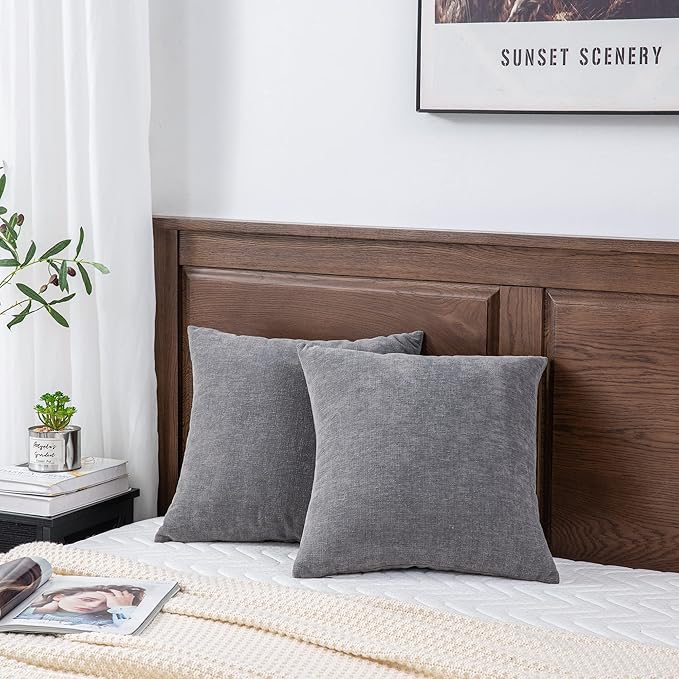 GAWAMAY Decorative Square Throw Pillow Covers 22"x22" Inch Set of 2, Super Soft Chenille Pillows Farmhouse Fall Pillowcase for Living Room Bedroom Sofa Couch Cushion Cover Grey 55x55cm (No Insert)