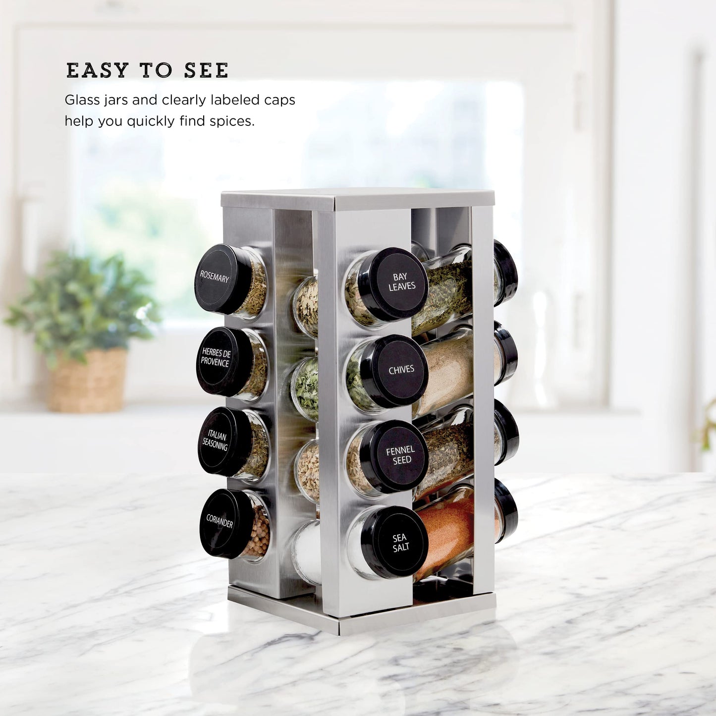 Kamenstein 16 Jar Heritage Revolving Countertop Spice Rack Organizer with Spices Included, FREE Spice Refills for 5 years, Brushed Stainless Steel with Black Caps