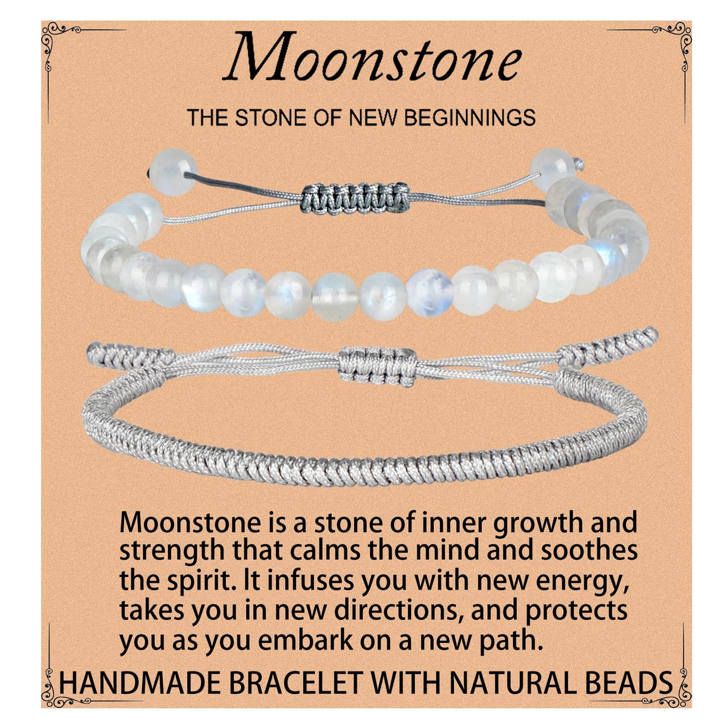 LPBeads 6mm White MoonStone Bracelet with Handmade Rope Bracelet Size Adjustable Natural Stone Crystal Healing Bracelets Gifts for Unisex Adults