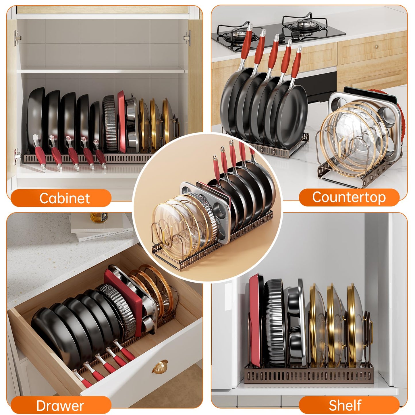 MUDEELA Pots and Pans Organizer under Cabinet, Expandable Pan Lids Organizers inside Cabinet with 12 Adjustable Dividers, Kitchen Storage Organization Pot Holder Cookie Sheet, Cutting Board Organizer