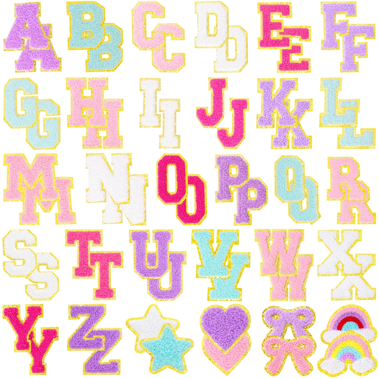 Coynurex 60PCS Chenille Letter Patches Self Adhesive – Preppy Alphabet Iron On Patches with Rainbow Star Bow Heart, Sew On Fabric Patches for Clothing, Backpacks & DIY Crafts