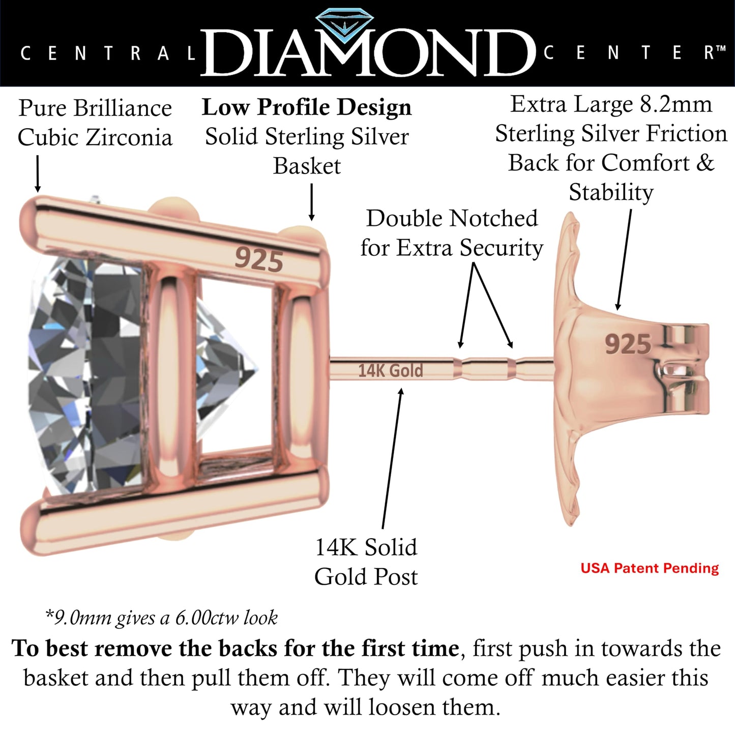 Central Diamond Center 14K Solid Gold Post & Sterling Silver 4 Prong CZ Stud Earrings - Rose Gold Plated - 9.00mm - 6.00cttw