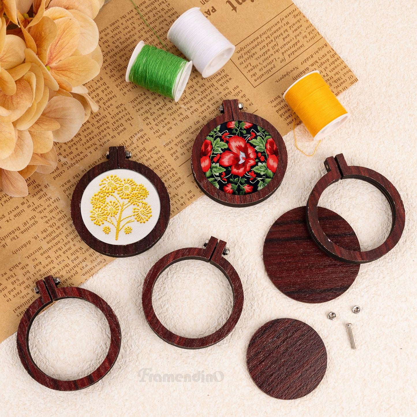 Framendino, 10 Pack Mini Wood Embroidery Hoops Round Tiny Cross Stitch for DIY Jewelry Making 2.2x2 Inch