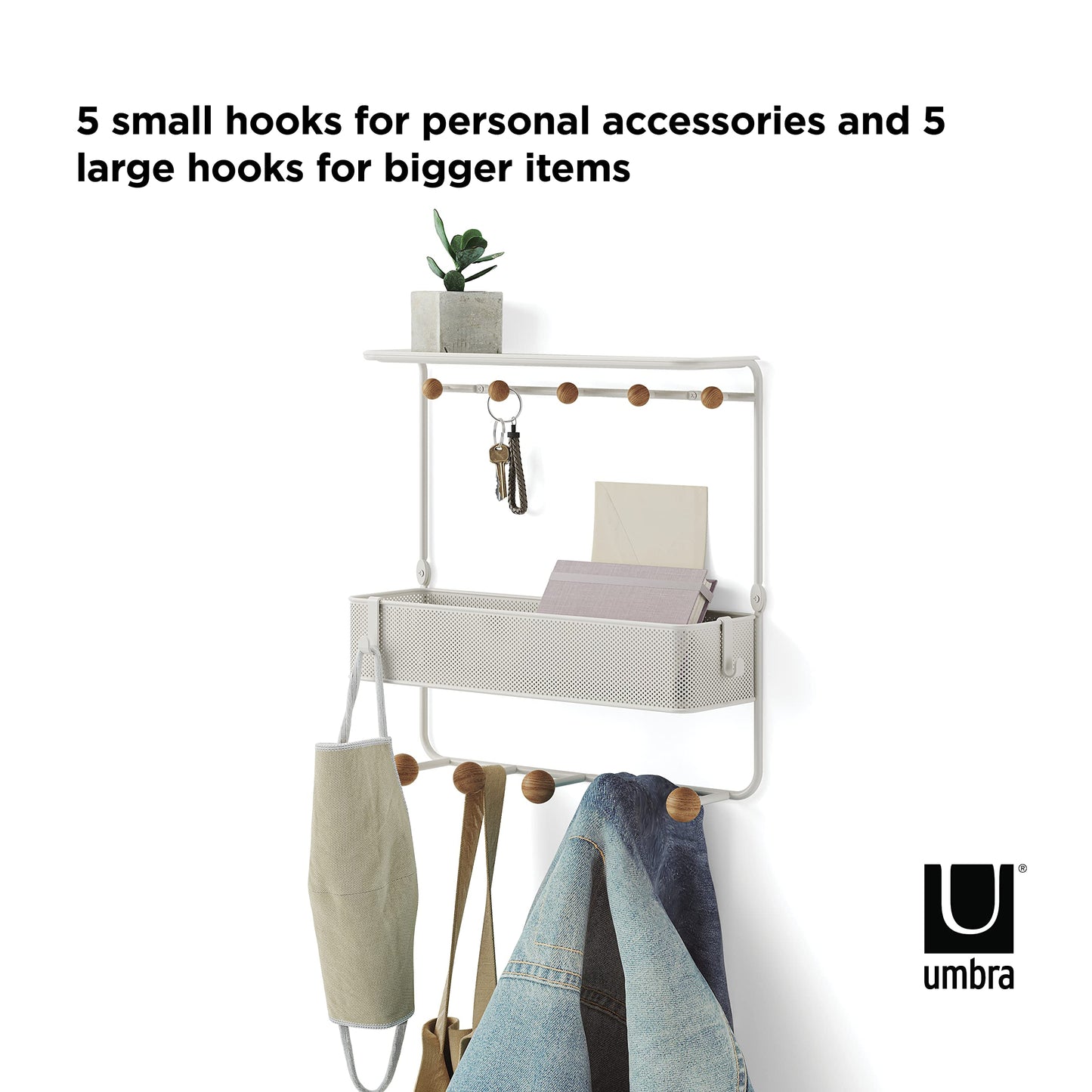 Umbra Estique Entryway Organizer Storage Solution with Cubby Bin, Shelf and Hooks for Keys, Mail, Glasses, Wallet, Purse, Hat, and More, White